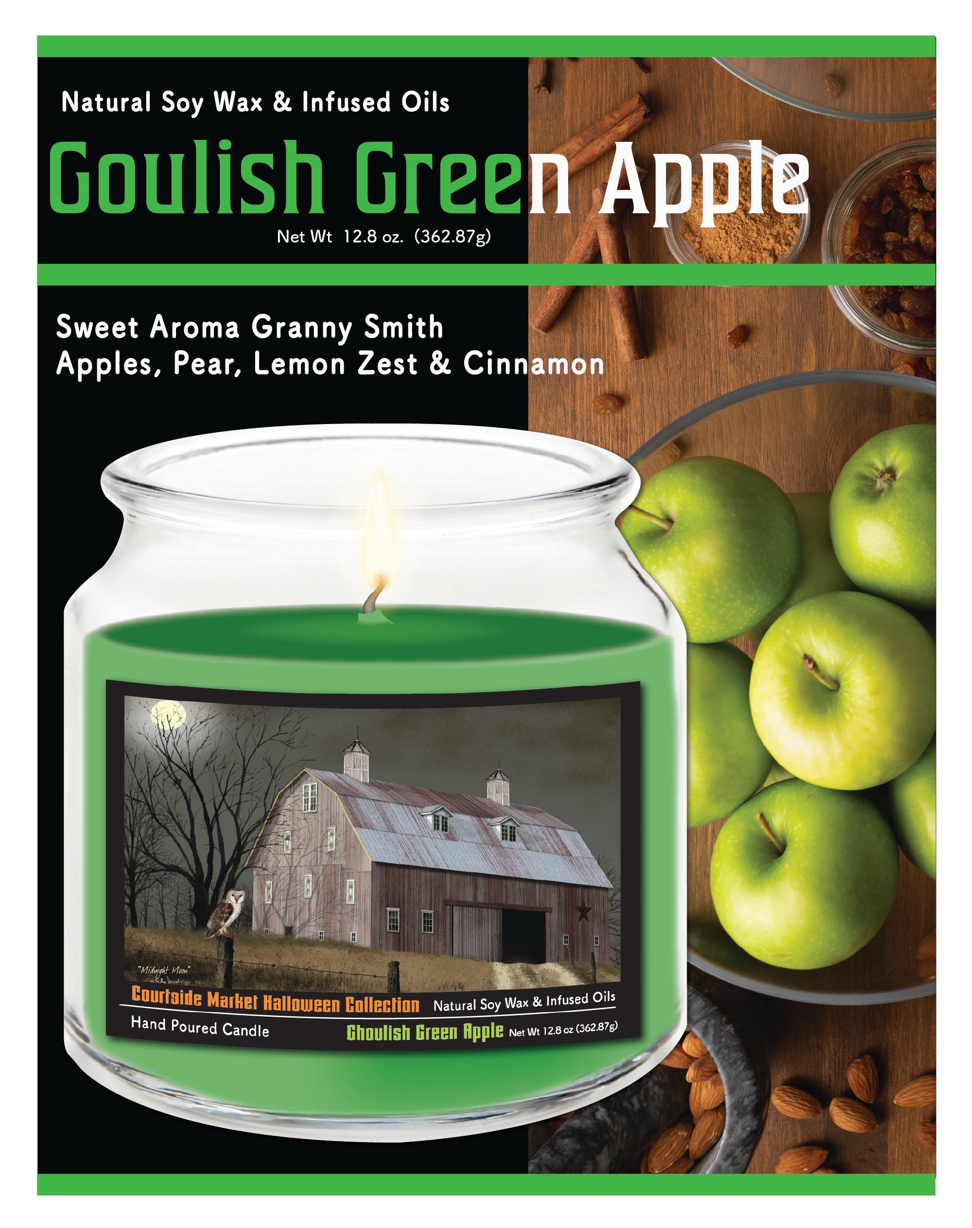 Halloween Collection Barn Harvest Moon - Ghoulish Green Apple 14 oz Candle Glass Jar with Brushed Silver Metal Lid