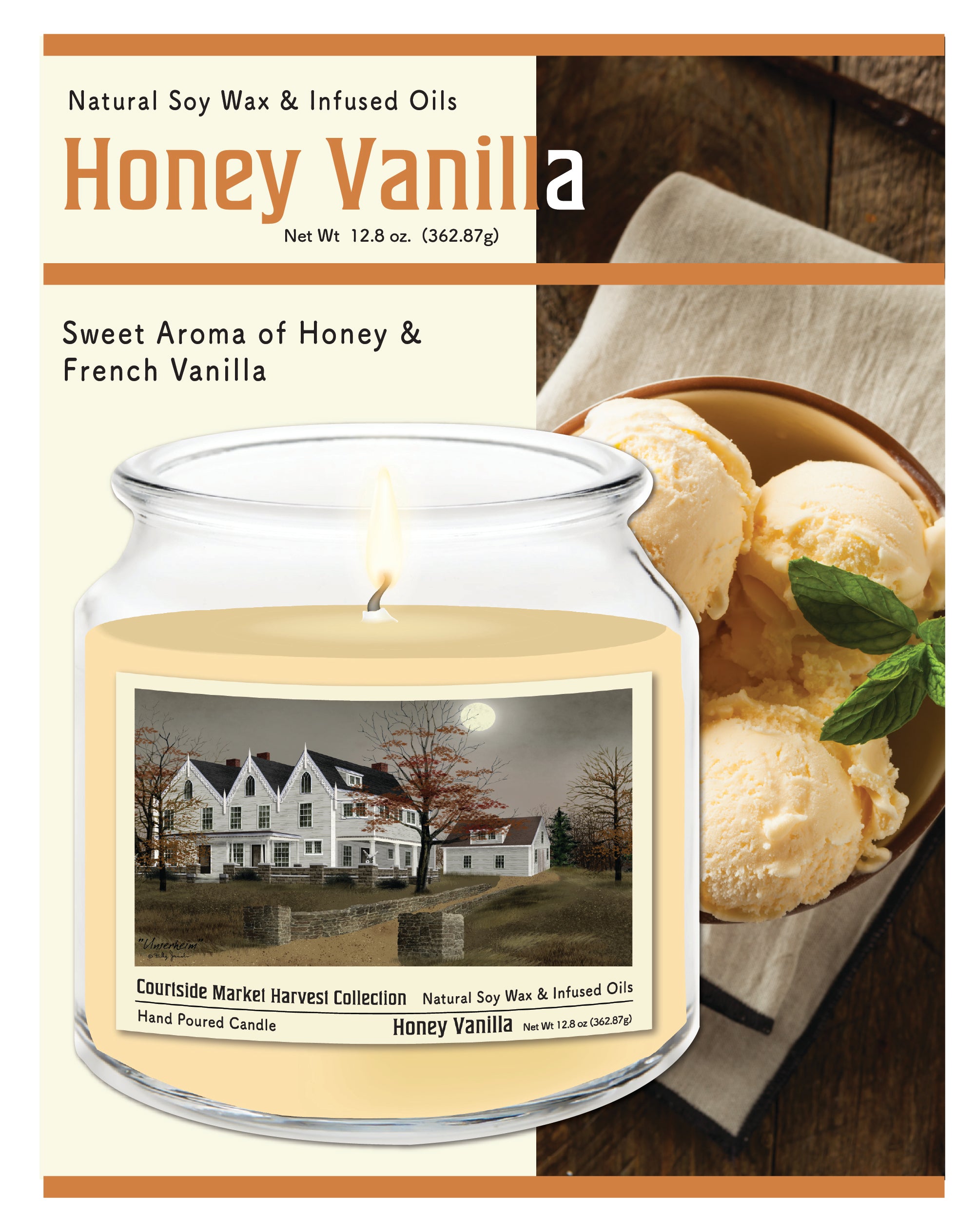 Harvest Collection Country - Honey Vanilla 14 oz Candle Glass Jar with Brushed Silver Metal Lid