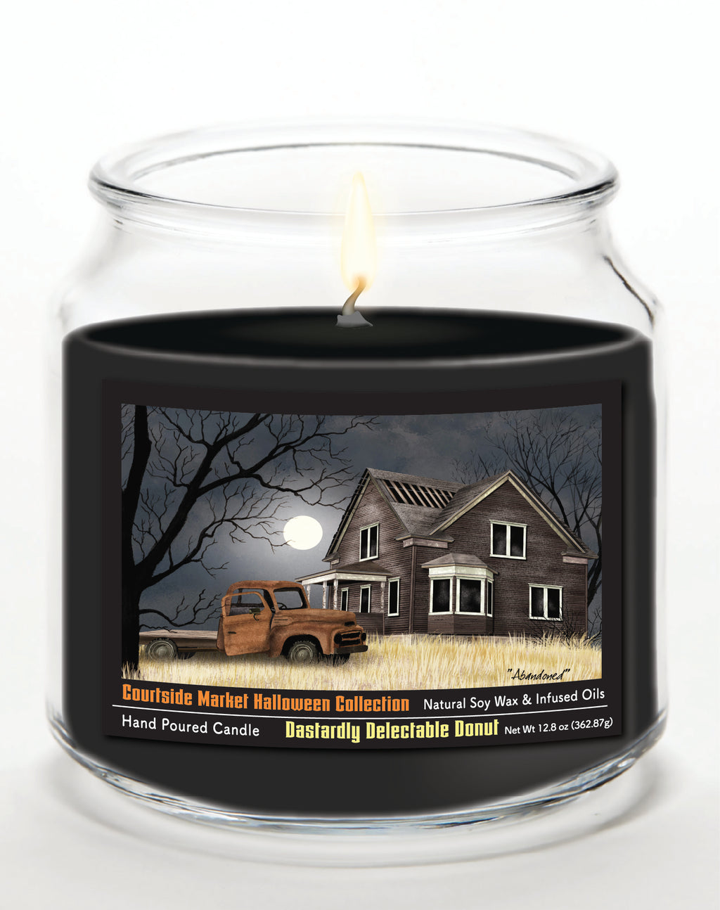 Halloween Collection Barn Moon Light - Dastardly Doughnut 14 oz Candle Glass Jar with Brushed Silver Metal Lid