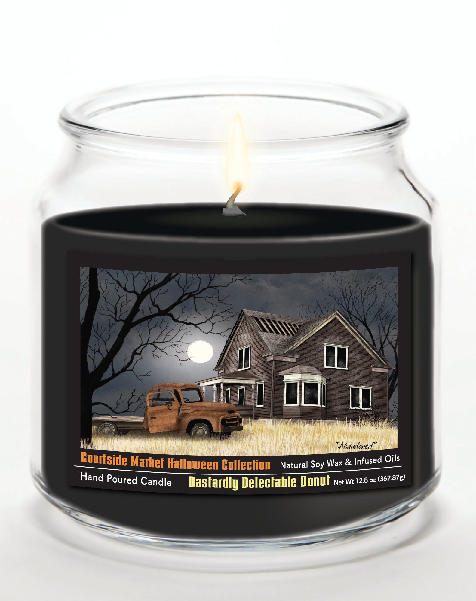 Halloween Collection Barn Moon Light - Dastardly Doughnut 14 oz Candle Glass Jar with Brushed Silver Metal Lid