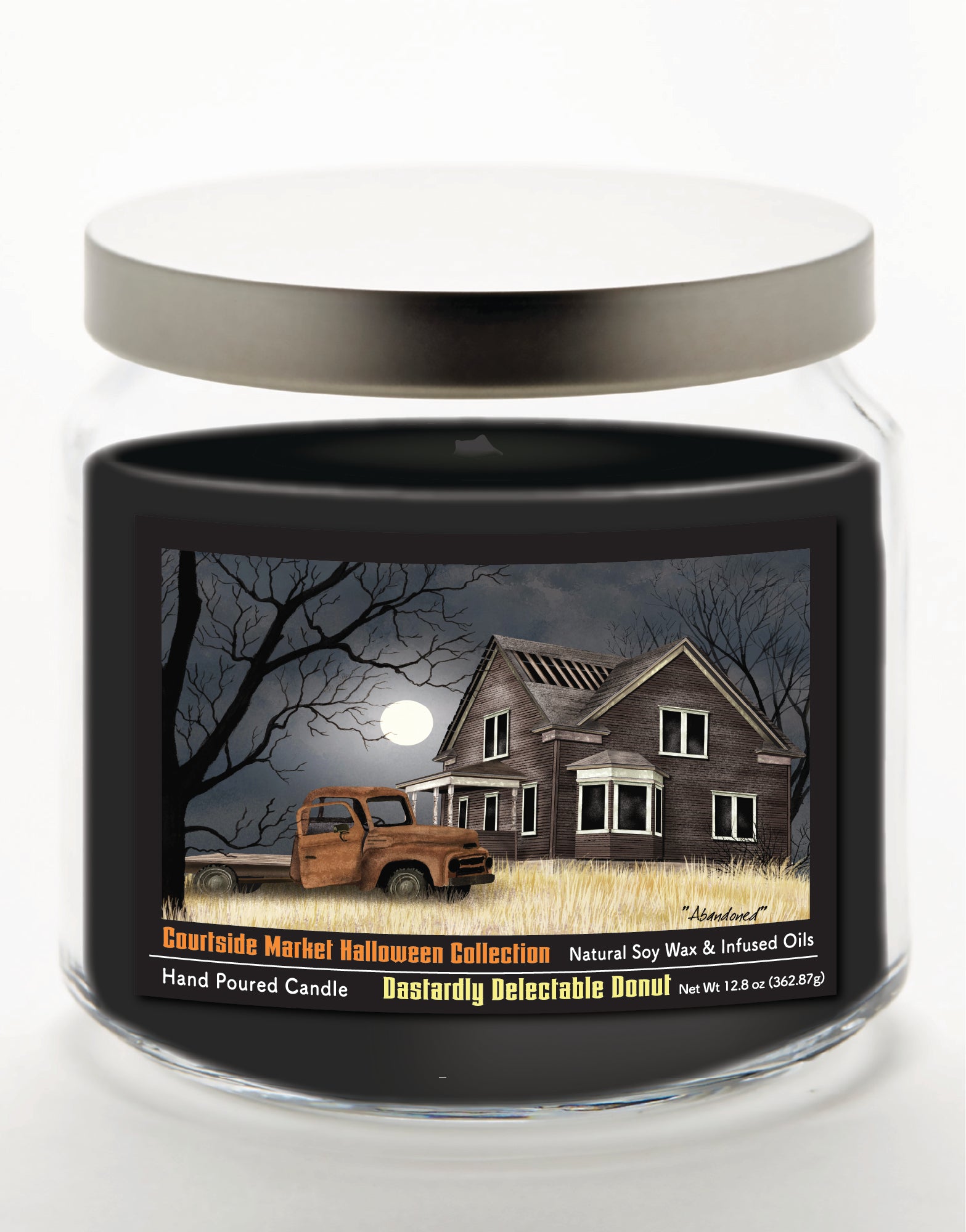 Halloween Collection Barn Moon Light - Dastardly Doughnut 14 oz Candle Glass Jar with Brushed Silver Metal Lid