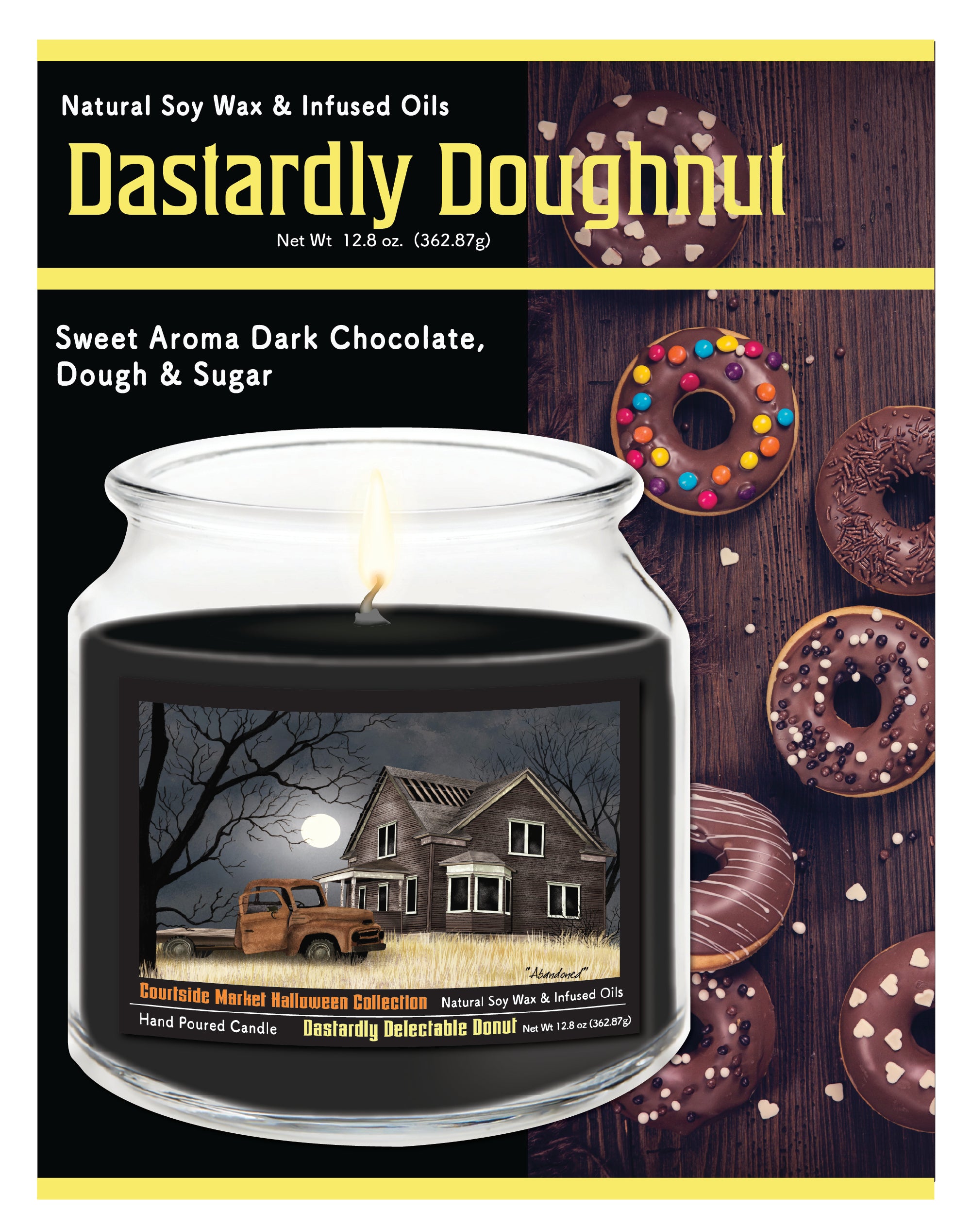Halloween Collection Barn Moon Light - Dastardly Doughnut 14 oz Candle Glass Jar with Brushed Silver Metal Lid