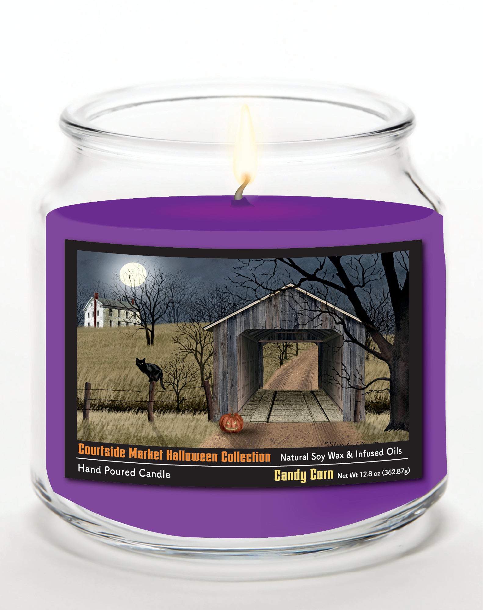 Halloween Collection Black Cat & Jack-O-Lantern - Candy Corn 14 oz Candle Glass Jar with Brushed Silver Metal Lid