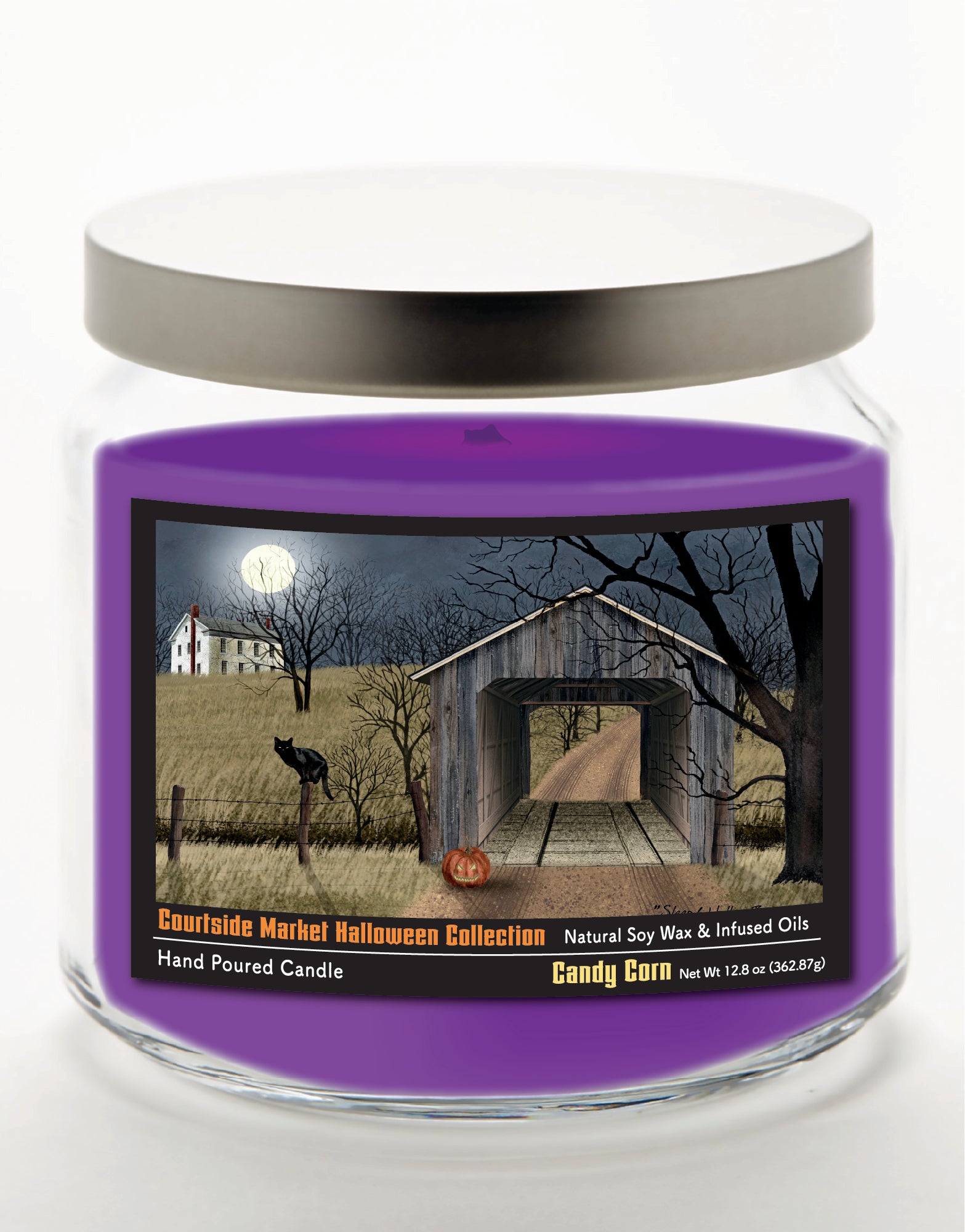 Halloween Collection Black Cat & Jack-O-Lantern - Candy Corn 14 oz Candle Glass Jar with Brushed Silver Metal Lid
