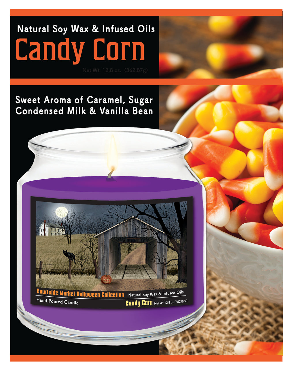 Halloween Collection Black Cat & Jack-O-Lantern - Candy Corn 14 oz Candle Glass Jar with Brushed Silver Metal Lid