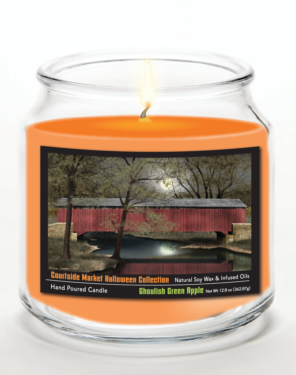 Halloween Collection Covered Bridge 14 oz Candle Glass Jar with Brushed Silver Metal Lid