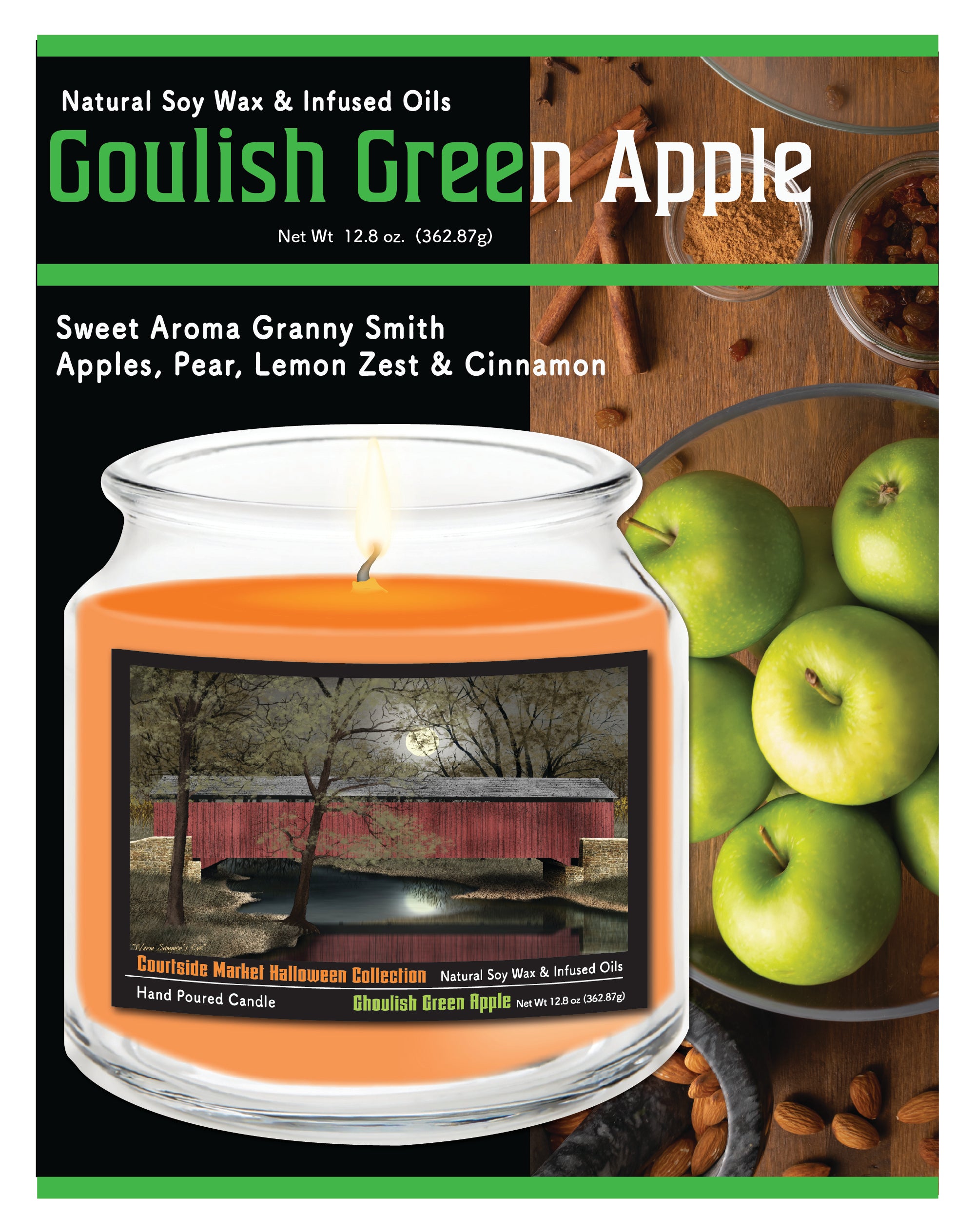 Halloween Collection Covered Bridge 14 oz Candle Glass Jar with Brushed Silver Metal Lid