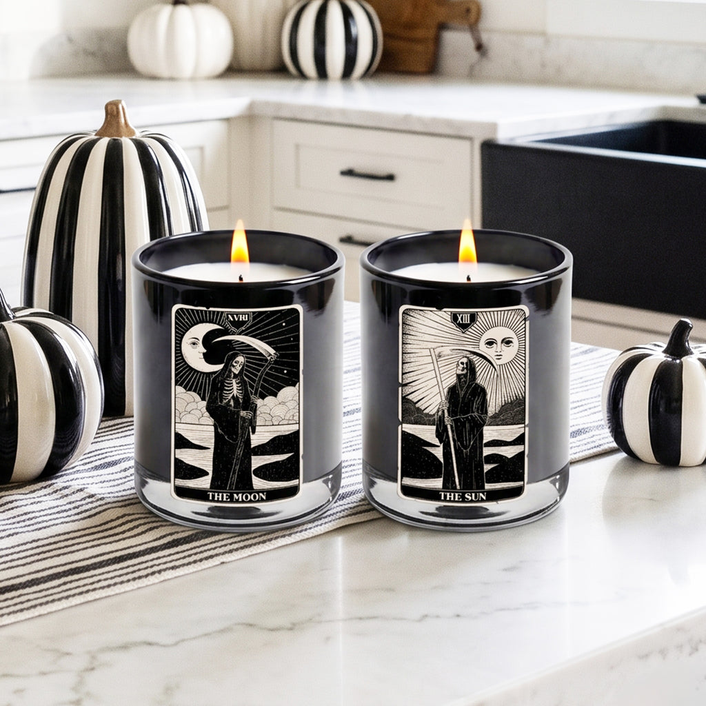 Sun and Moon Tarot - Black Plum + Amber (2) 12oz Soy Wax Candle/Decorative Glass Set