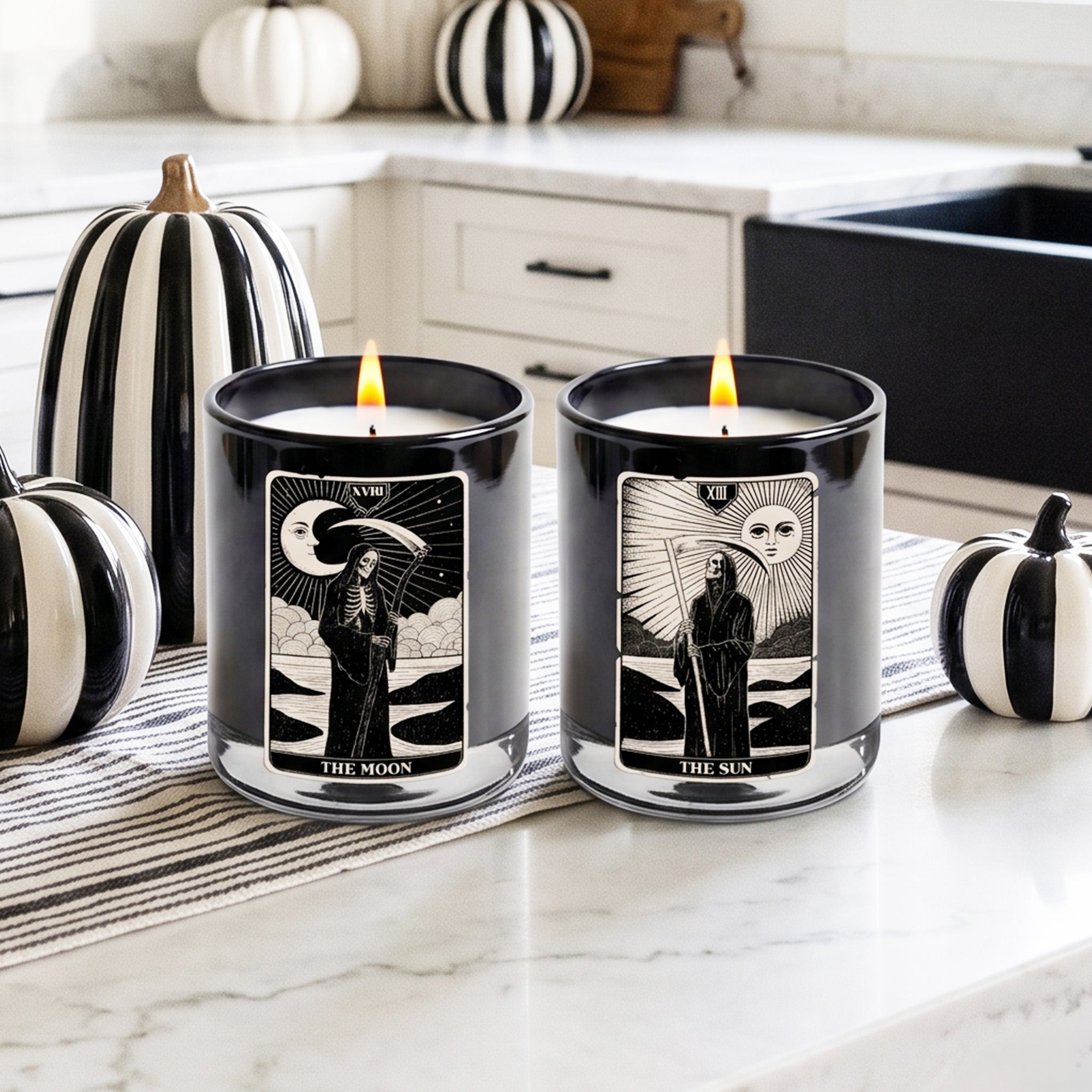 Sun and Moon Tarot - Black Plum + Amber (2) 12oz Soy Wax Candle/Decorative Glass Set