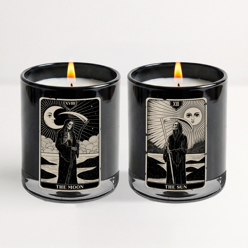 Sun and Moon Tarot - Black Plum + Amber (2) 12oz Soy Wax Candle/Decorative Glass Set