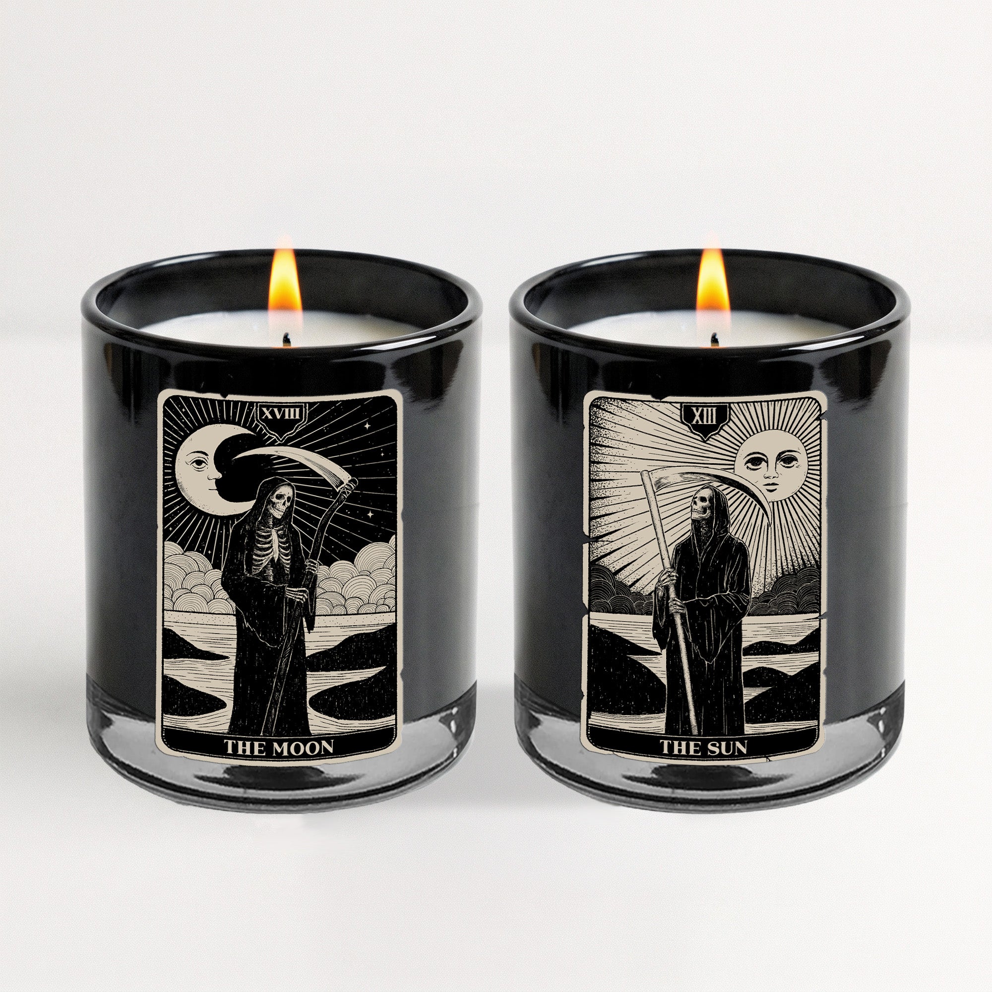 Sun and Moon Tarot - Black Plum + Amber (2) 12oz Soy Wax Candle/Decorative Glass Set