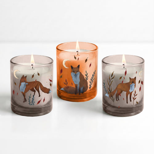 3 Autumn Foxes - Cinnamon + Maple (3) 12oz Soy Wax Candle/Decorative Glass Set