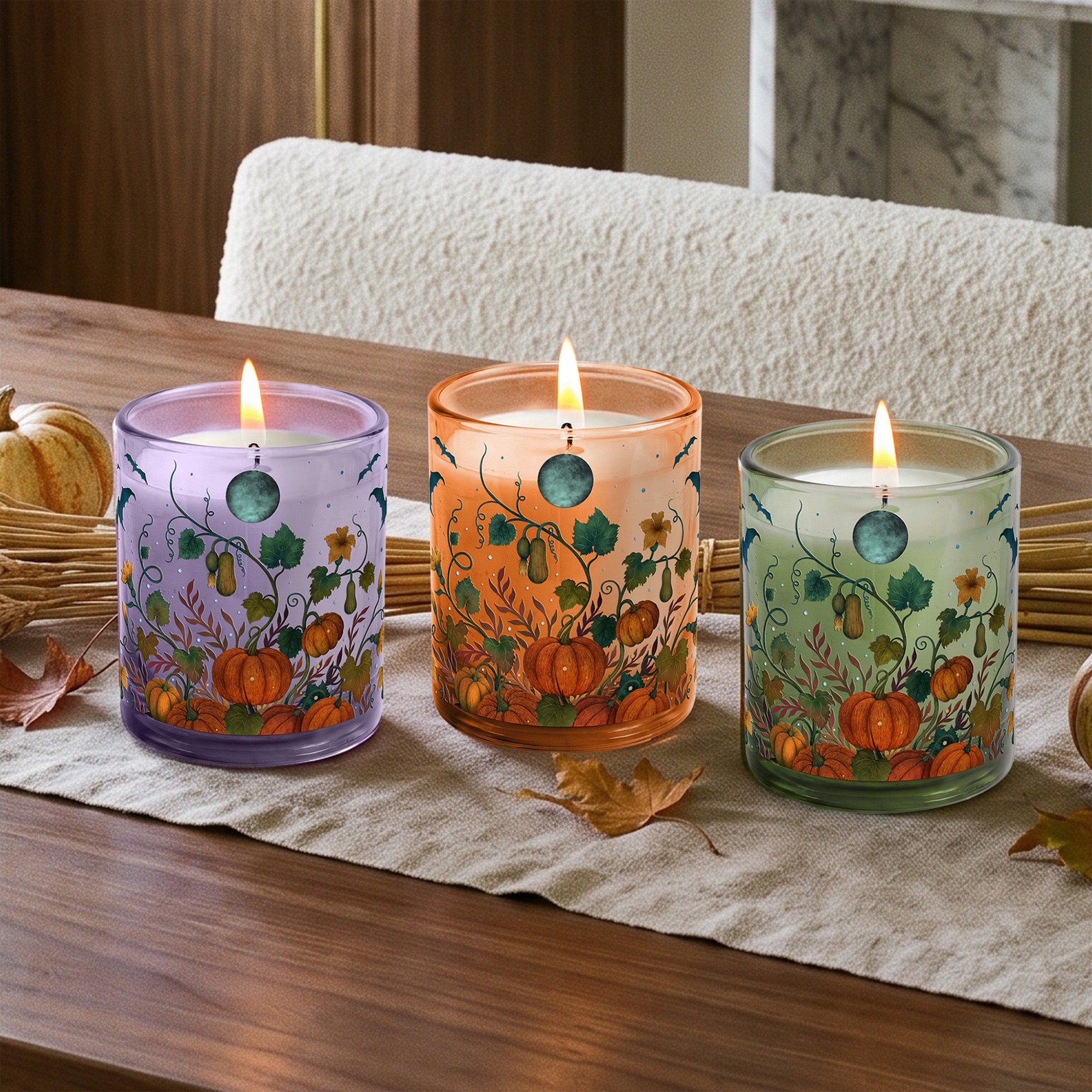 Pumpkin Blooms - Pumpkin + Brown Sugar (3) 12oz Soy Wax Candle/Decorative Glass Set