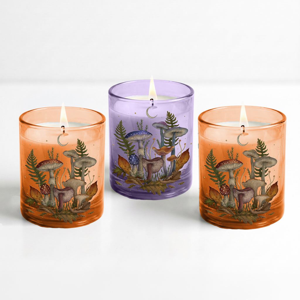 Mushroom Harvest - Autumn Leaf + Nutmeg (3) 12oz Soy Wax Candle/Decorative Glass Set