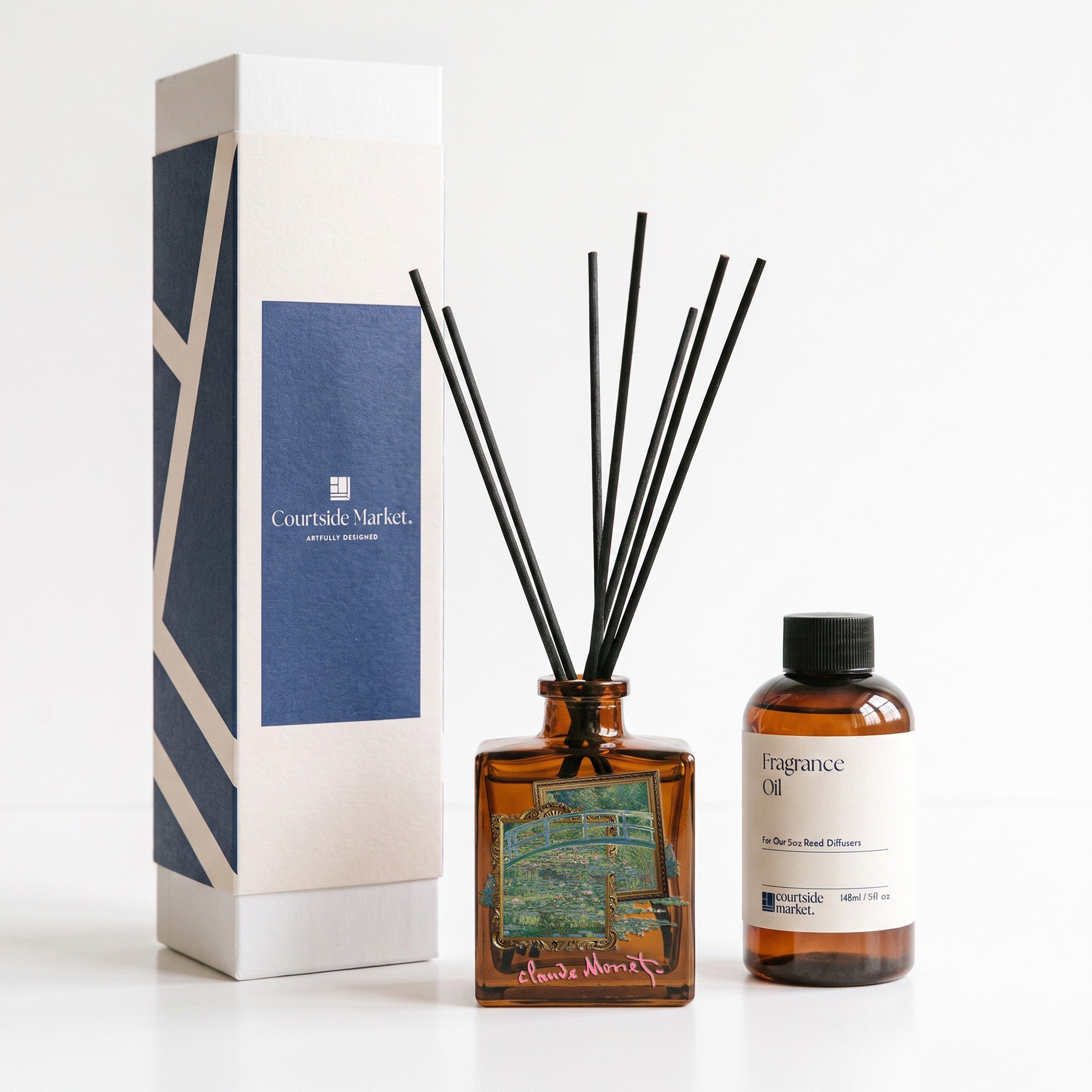 The Water Lily Pond by Claude Monet  - Water Lily & White Tea 5oz Oil Reed Diffuser Set