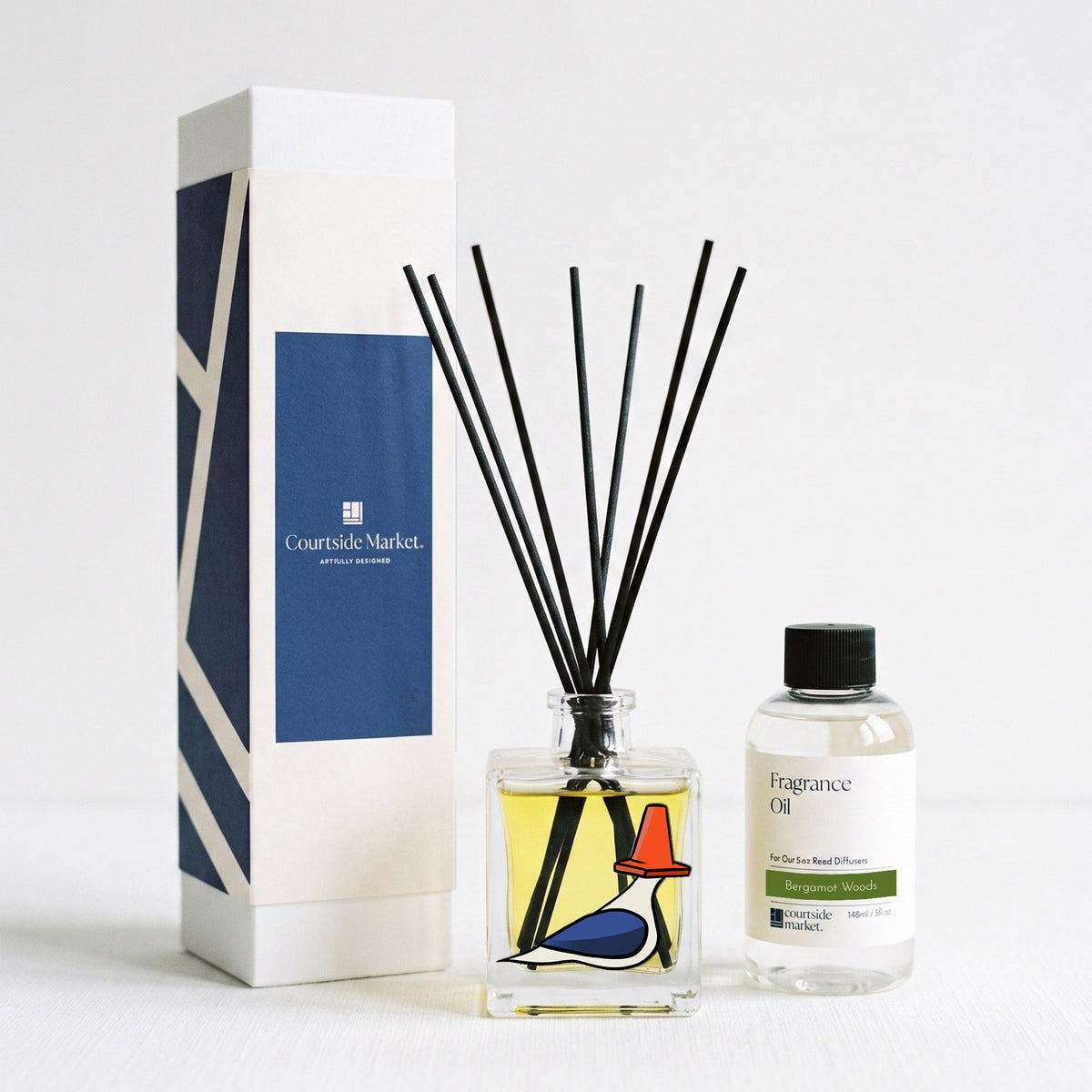 Traffic Cone Pigeon - Bergamot Woods 5oz Oil Reed Diffuser Set - Tine Bird Collection