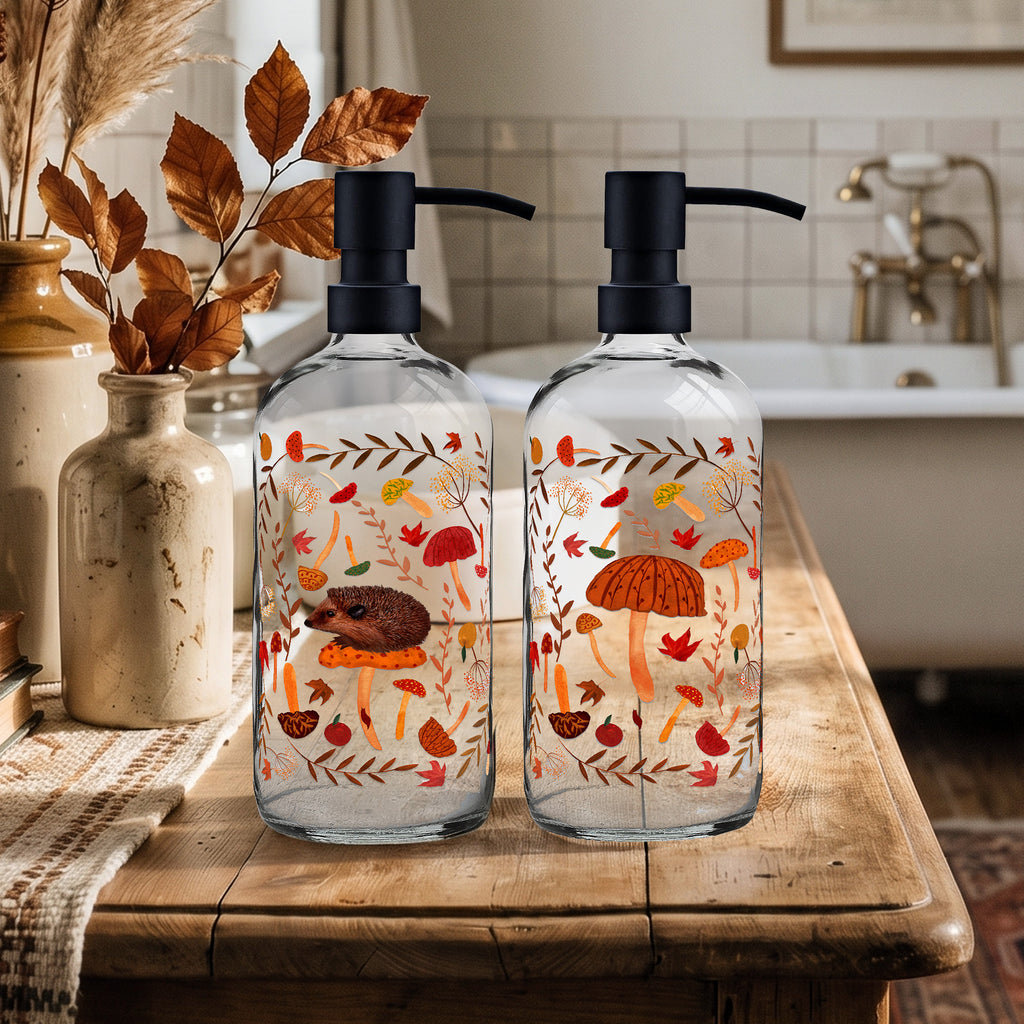 Mushroom Hunting -  16oz Statement Glass Soap/Lotion Dispenser Set - Michelle Ingari Mushroom Hunting Collection