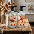 Mushroom Hunting -  16oz Statement Glass Soap/Lotion Dispenser Set - Michelle Ingari Mushroom Hunting Collection