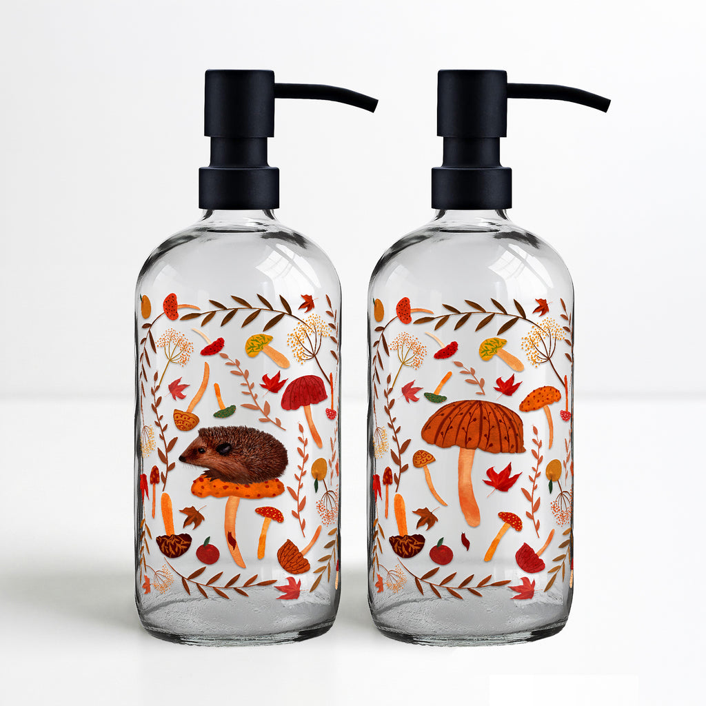 Mushroom Hunting -  16oz Statement Glass Soap/Lotion Dispenser Set - Michelle Ingari Mushroom Hunting Collection