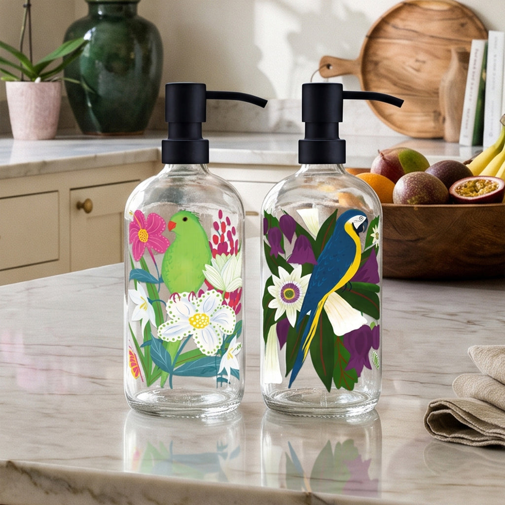 Parrot Paradise - 16oz Statement Glass Soap/Lotion Dispenser Set - Michelle Ingari Parrot Paradise Collection