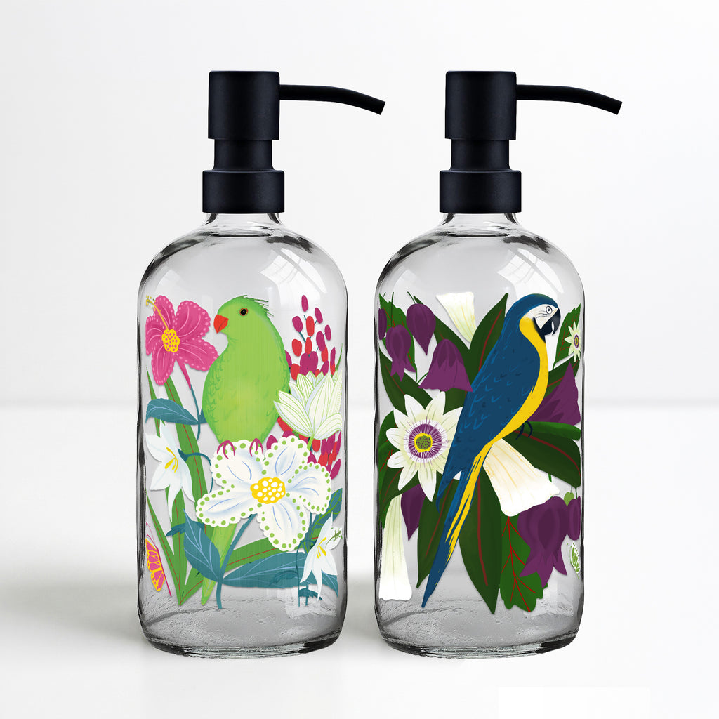 Parrot Paradise - 16oz Statement Glass Soap/Lotion Dispenser Set - Michelle Ingari Parrot Paradise Collection