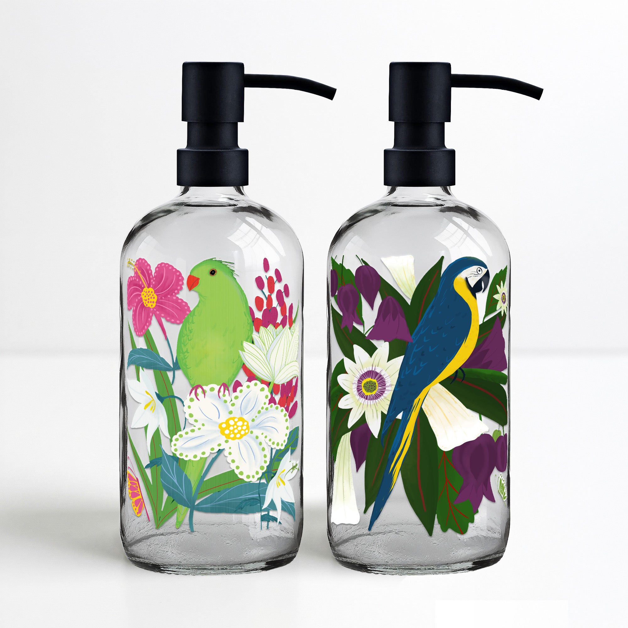 Parrot Paradise - 16oz Statement Glass Soap/Lotion Dispenser Set - Michelle Ingari Parrot Paradise Collection