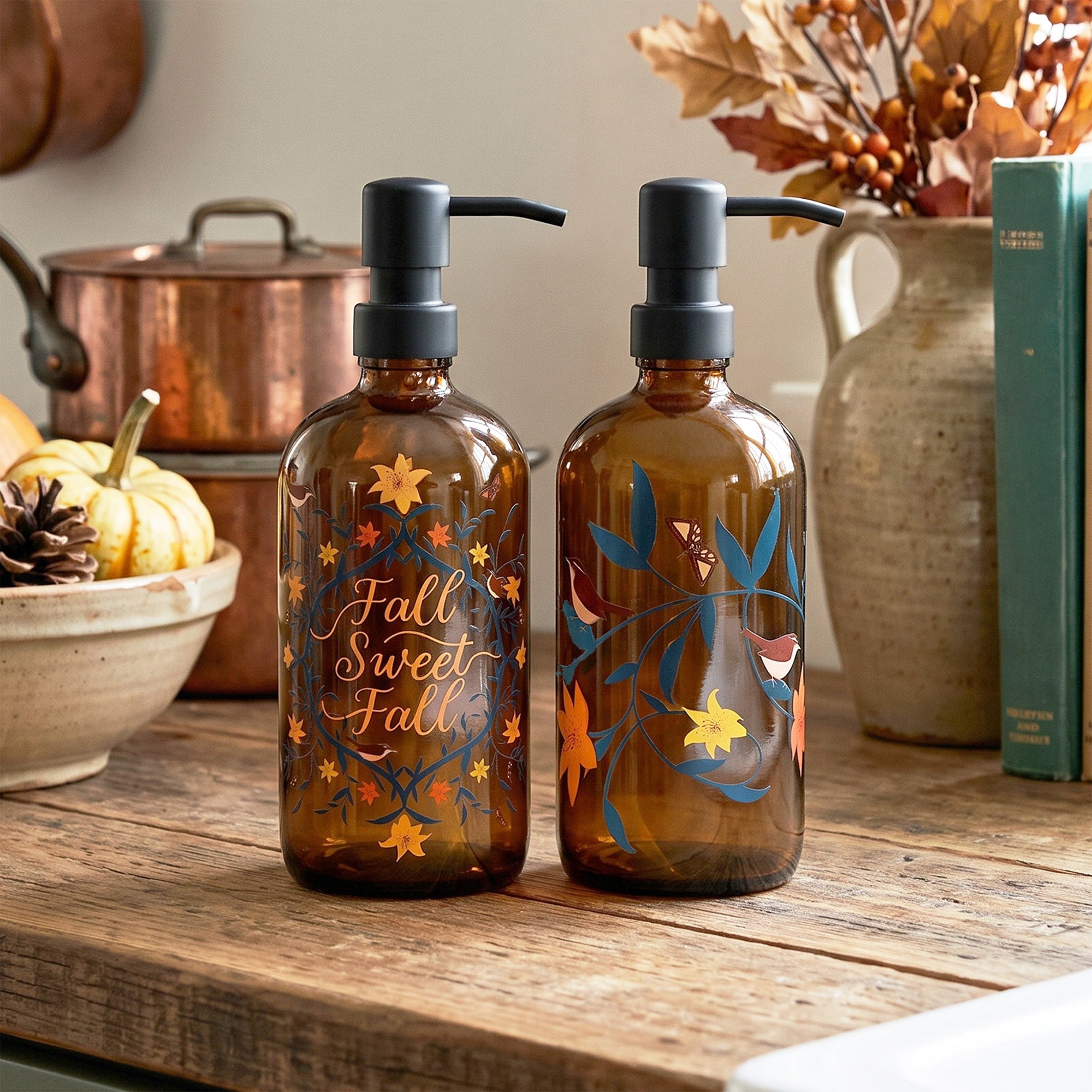 Fall Sweet Fall - 16oz Statement Glass Soap/Lotion Dispenser Set - Michelle Ingari - In the Thicket Collection