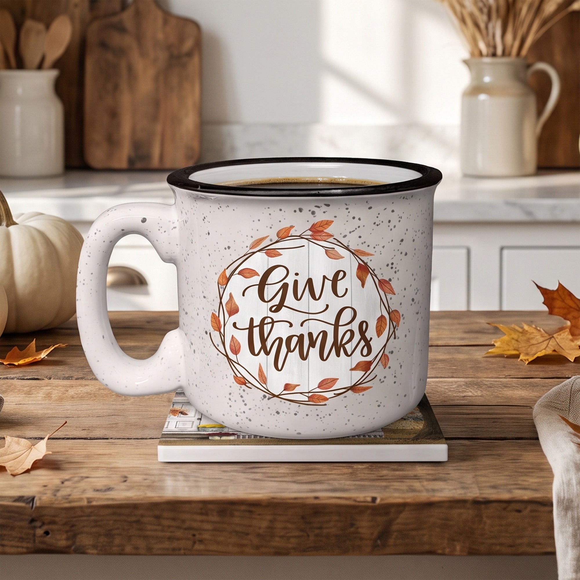 Give Thanks Autumn Wreath | 15oz Ceramic Mug and Coaster Set