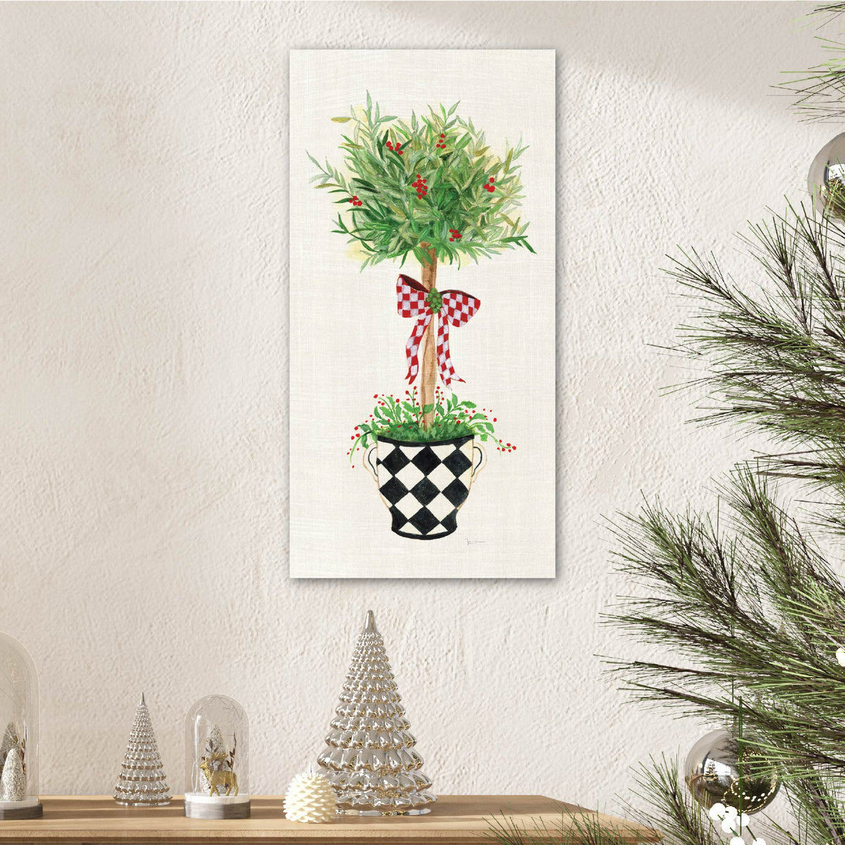 Red Ribbon Topiary - Gallery Wrapped Canvas Wall Art