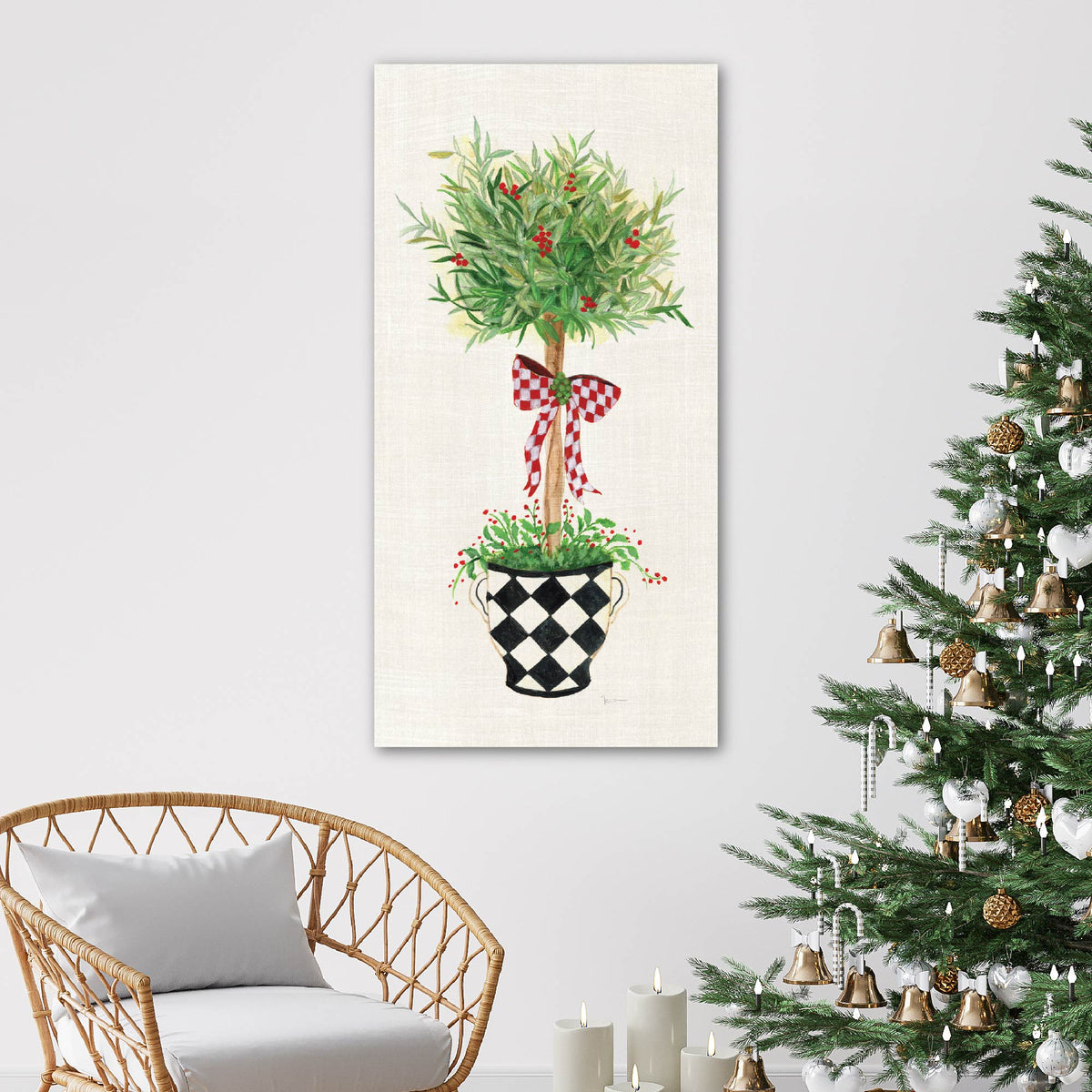 Red Ribbon Topiary - Gallery Wrapped Canvas Wall Art