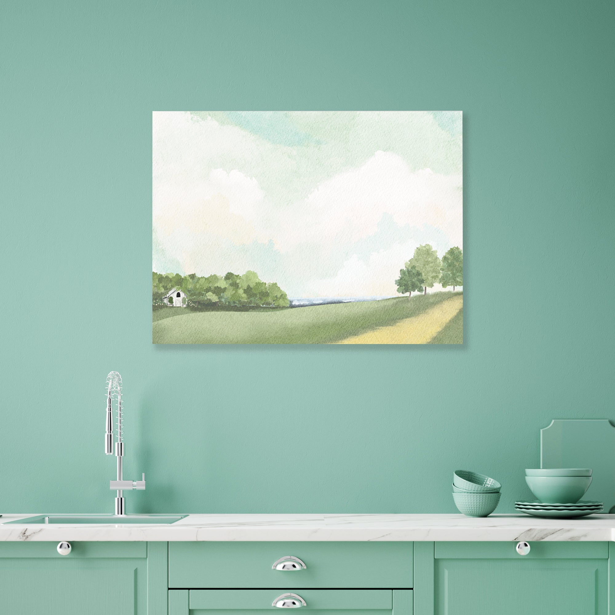 White Barn By The Lake - Gallery-Wrapped Canvas Wall Art