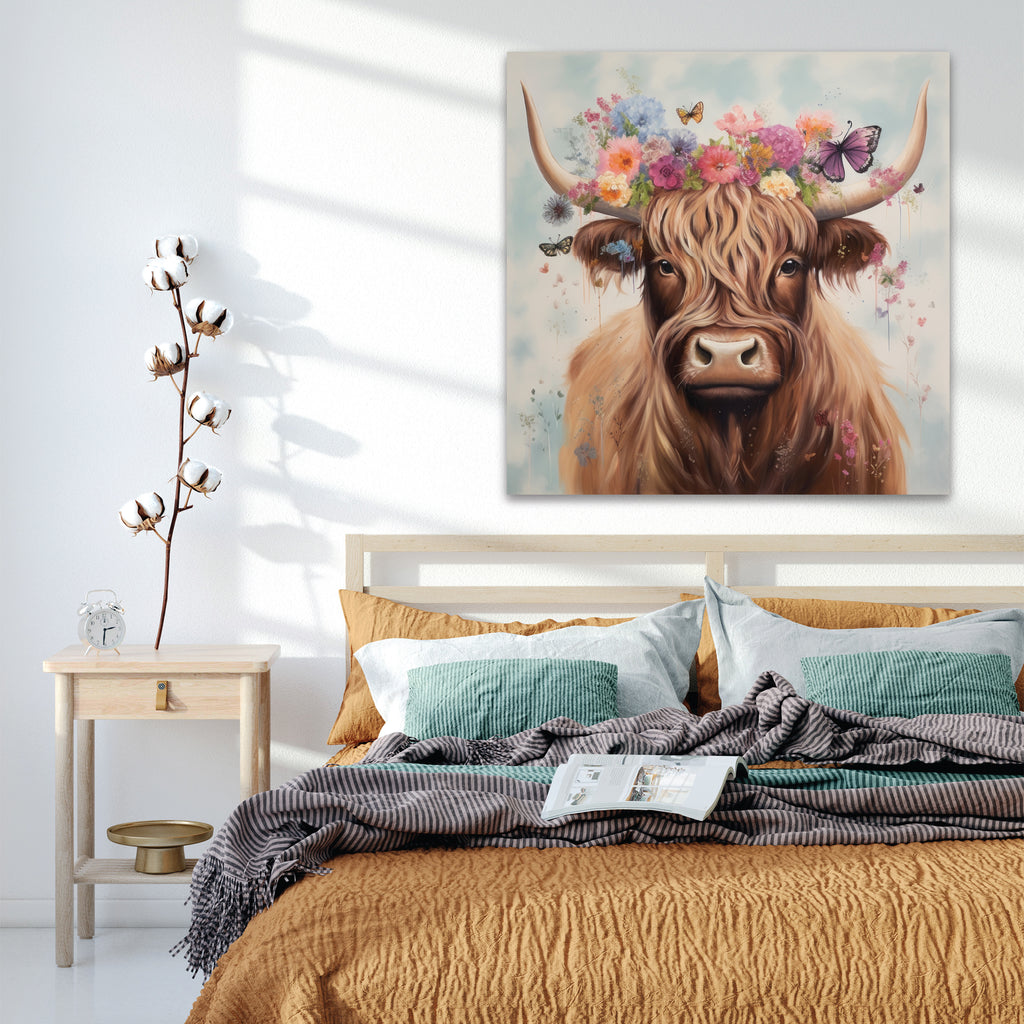 Floral Highland Cow - Gallery-Wrapped Canvas Wall Art
