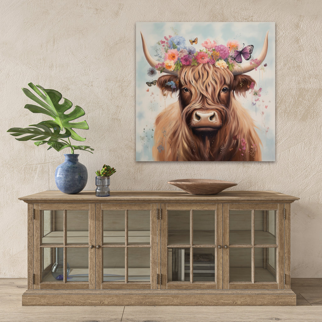 Floral Highland Cow - Gallery-Wrapped Canvas Wall Art
