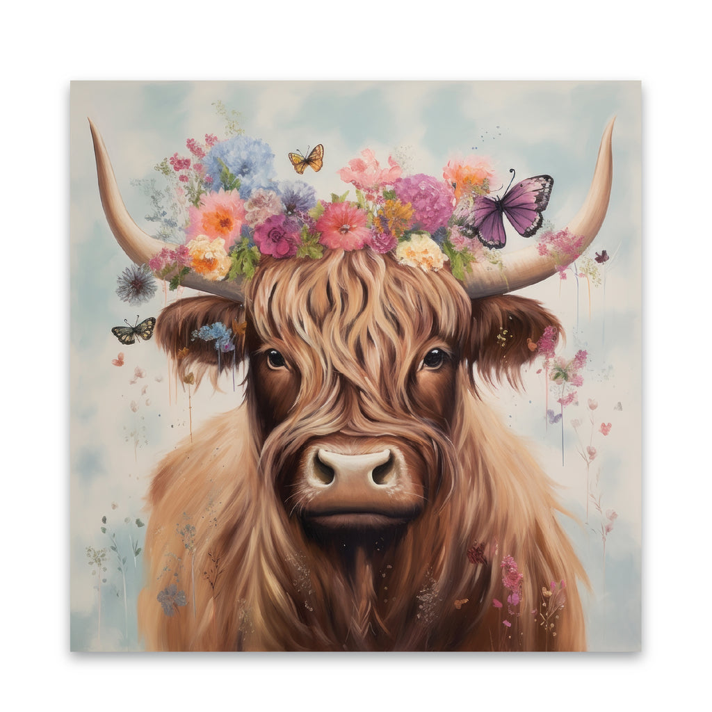 Floral Highland Cow - Gallery-Wrapped Canvas Wall Art