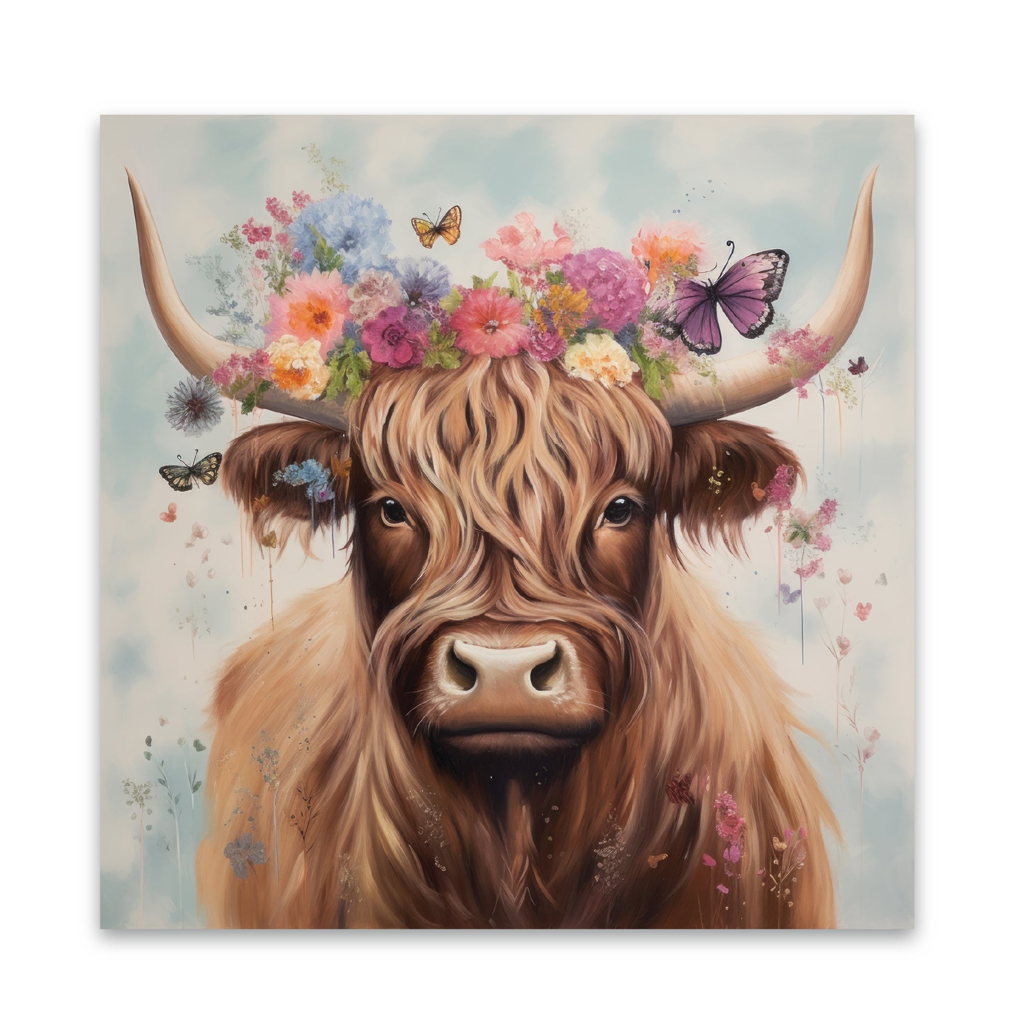 Floral Highland Cow - Gallery-Wrapped Canvas Wall Art