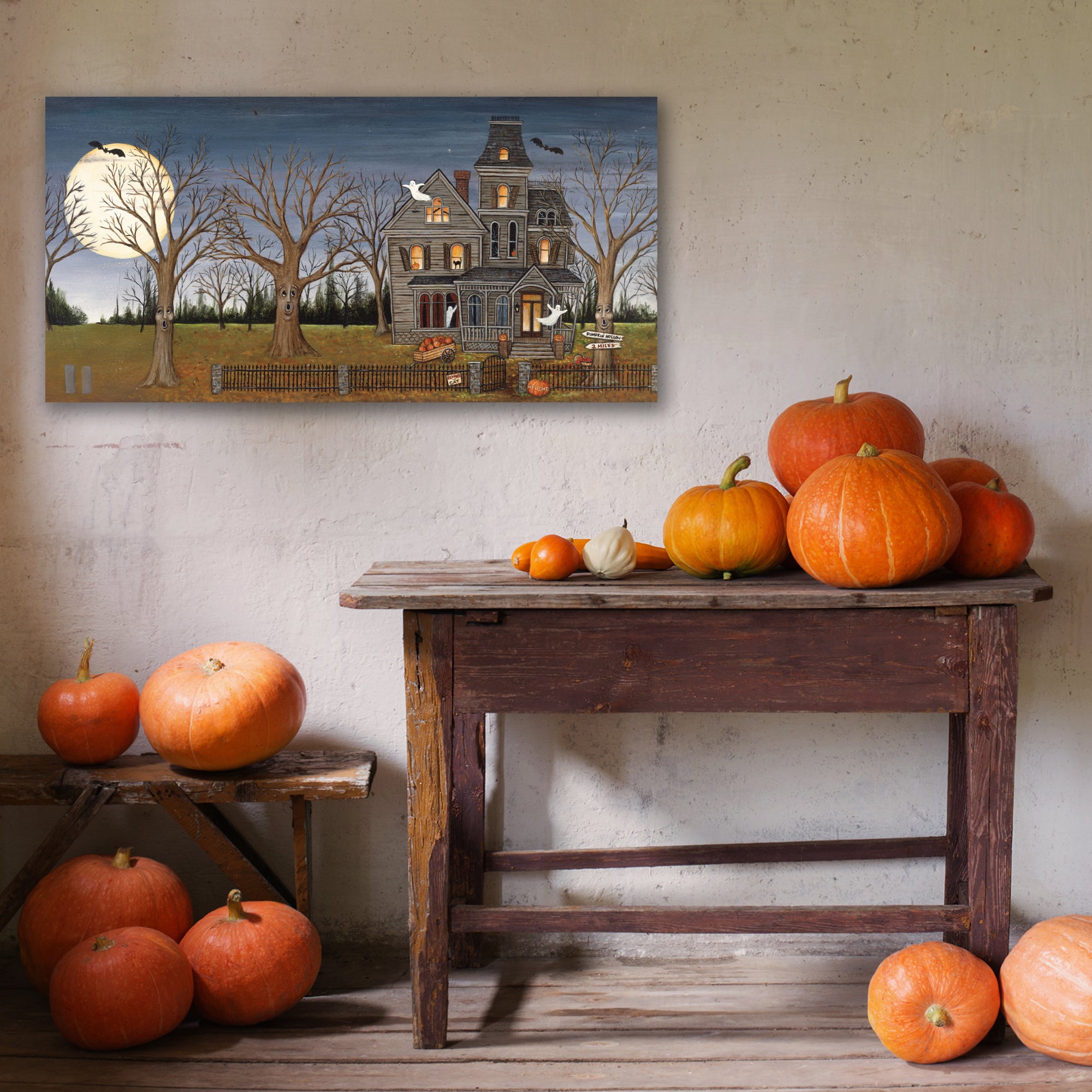 Haunted House with Full Moon Gallery-Wrapped Canvas Wall Art