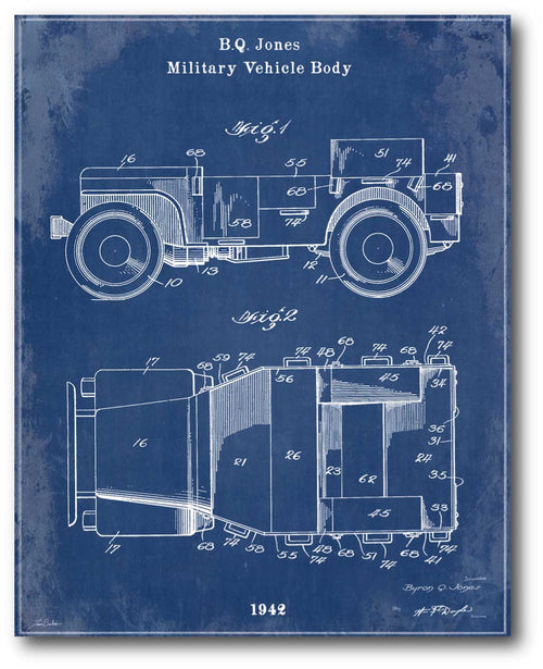 Blueprint Military Jeep - Gallery-Wrapped Canvas Wall Art
