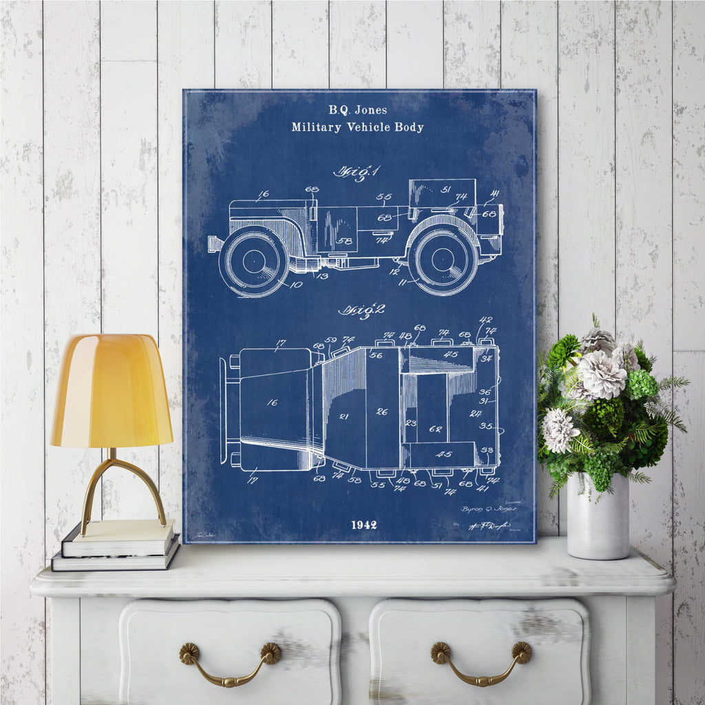Blueprint Military Jeep - Gallery-Wrapped Canvas Wall Art