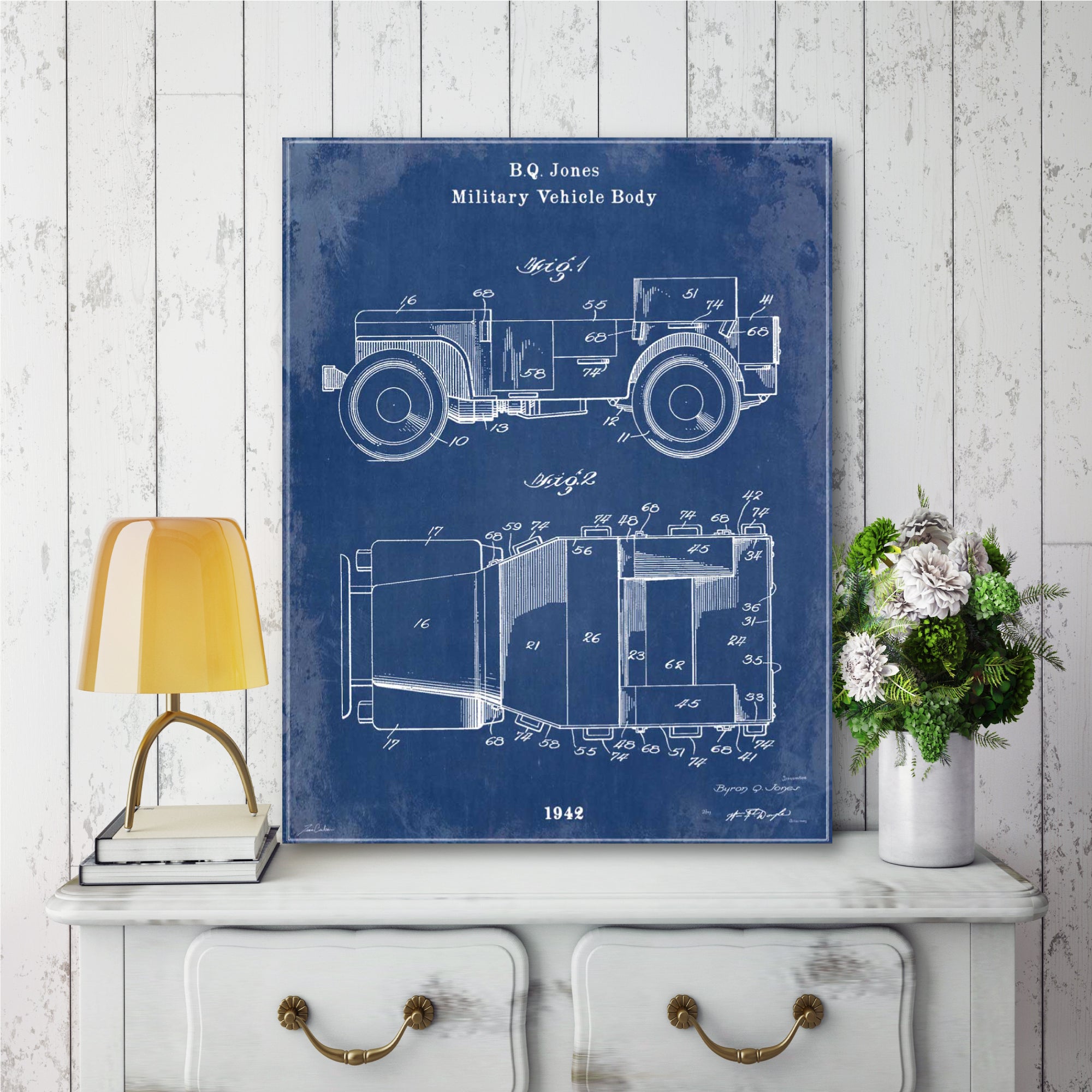 Blueprint Military Jeep - Gallery-Wrapped Canvas Wall Art