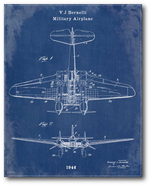 Blueprint Military Airplane - Gallery-Wrapped Canvas Wall Art