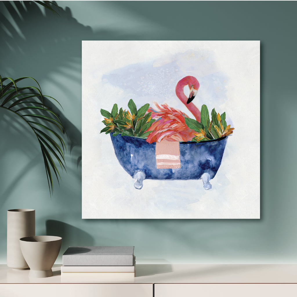 Tropical Bath Flamingo I Gallery-Wrapped Canvas Wall Art