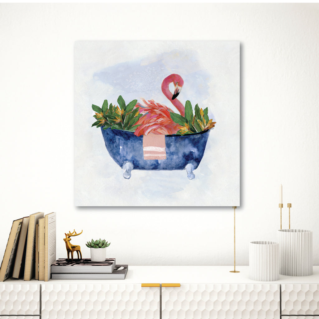 Tropical Bath Flamingo I Gallery-Wrapped Canvas Wall Art