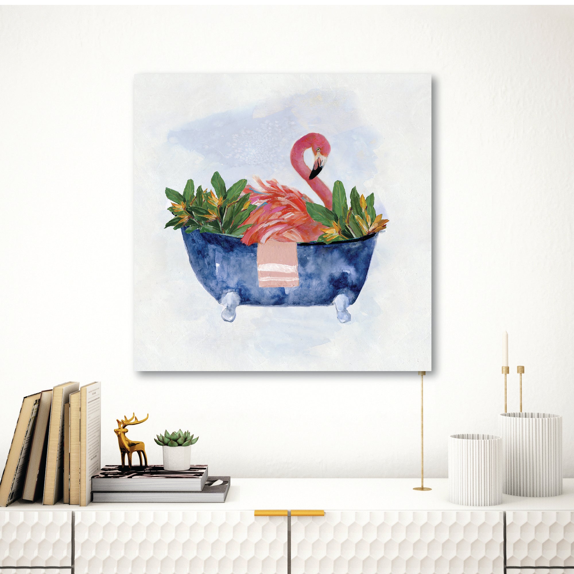 Tropical Bath Flamingo I Gallery-Wrapped Canvas Wall Art