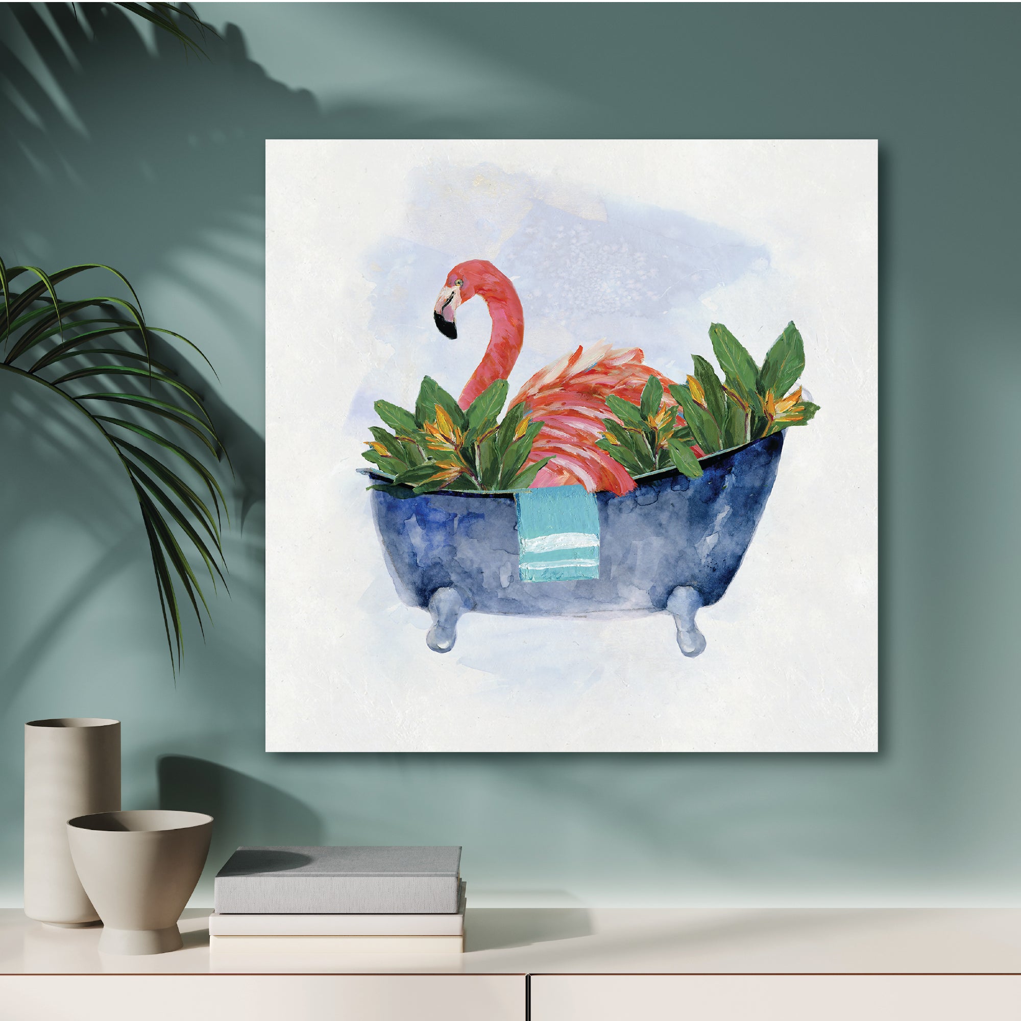 Tropical Bath Flamingo II Gallery-Wrapped Canvas Wall Art