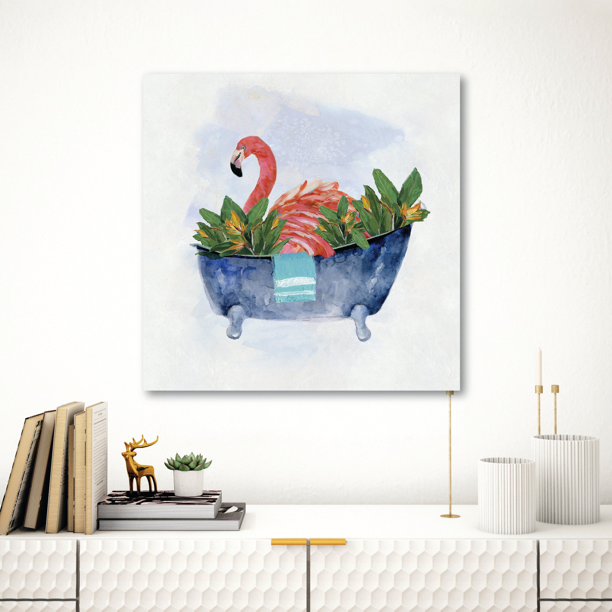Tropical Bath Flamingo II Gallery-Wrapped Canvas Wall Art