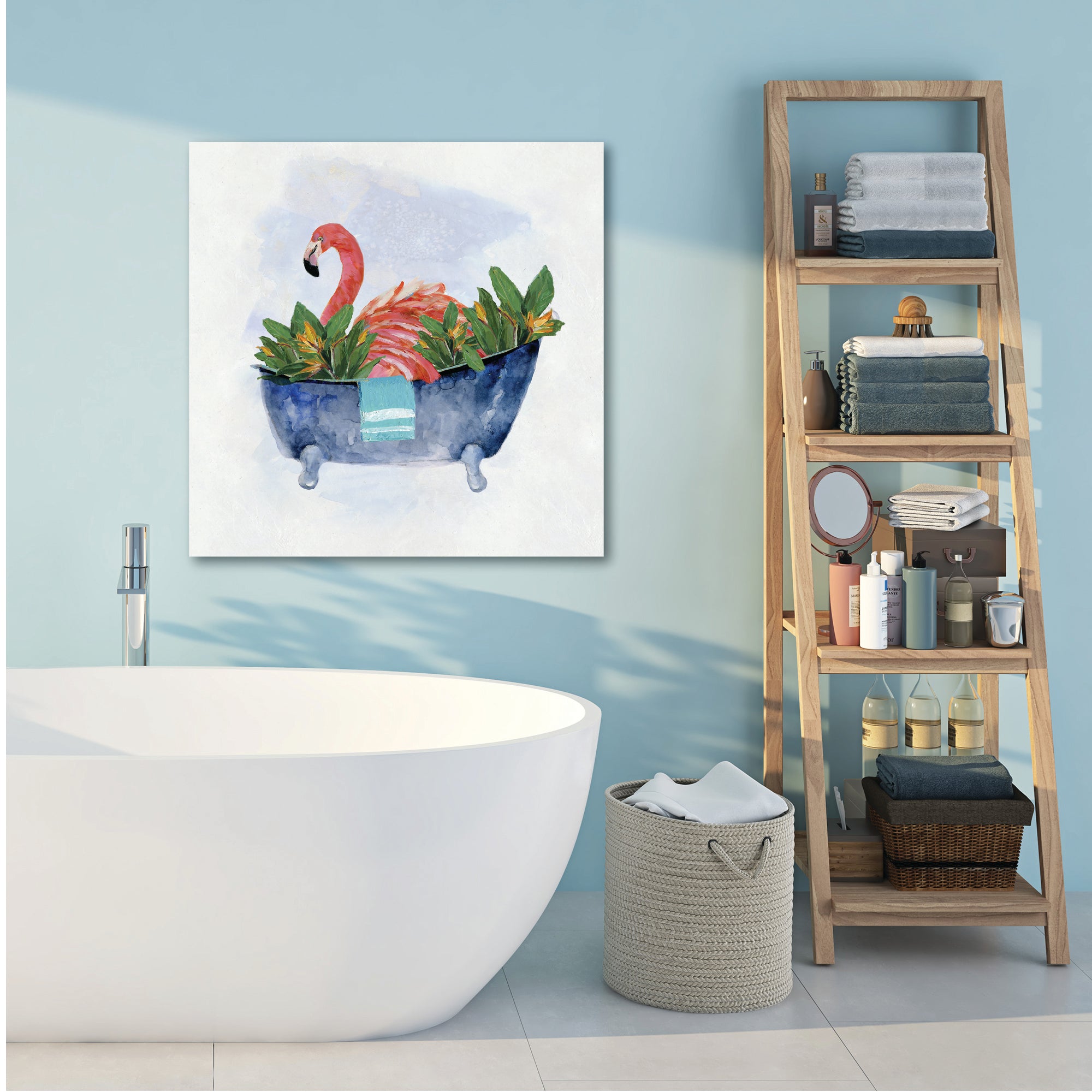 Tropical Bath Flamingo II Gallery-Wrapped Canvas Wall Art