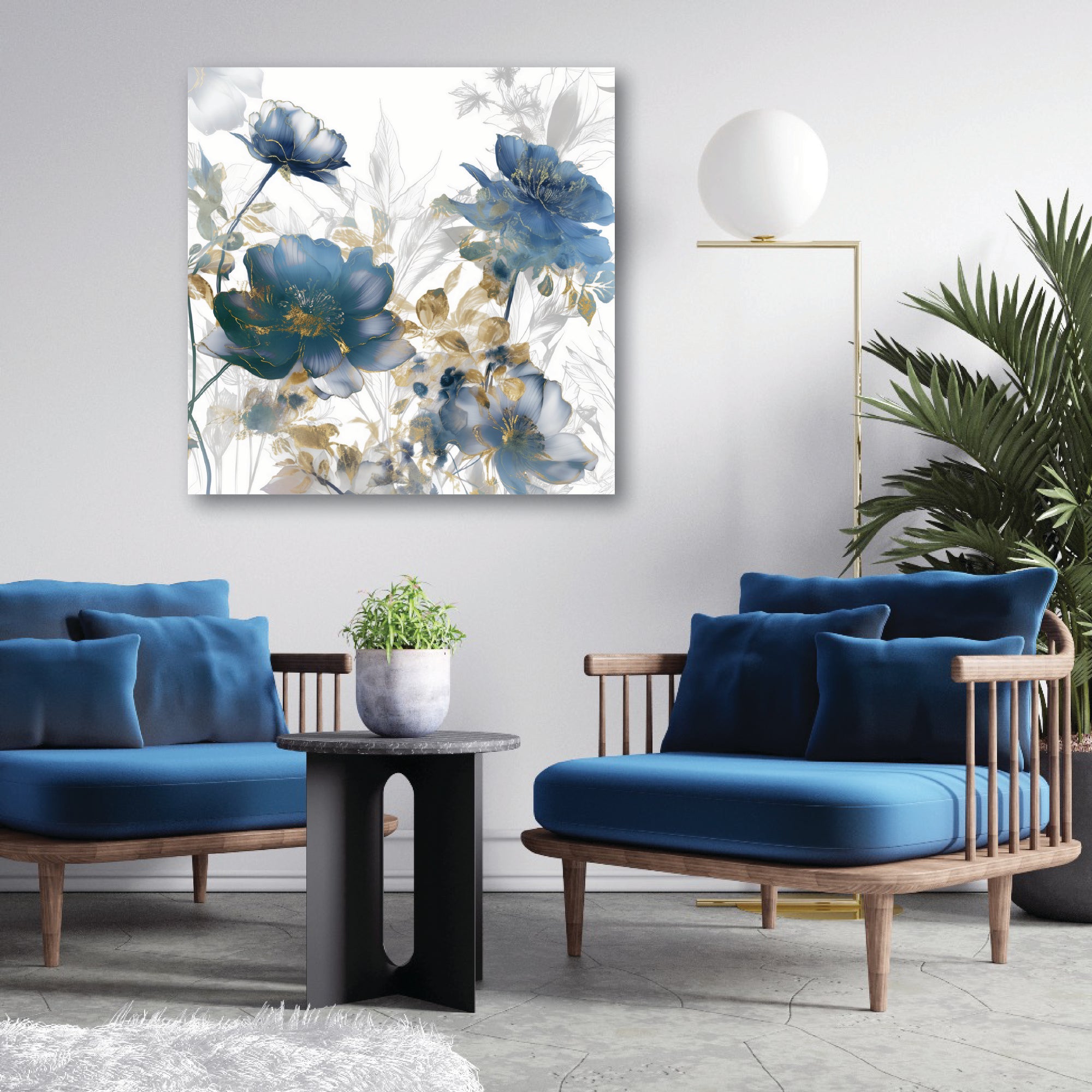 Blue & Gold Blooms Gallery-Wrapped Canvas Wall Art