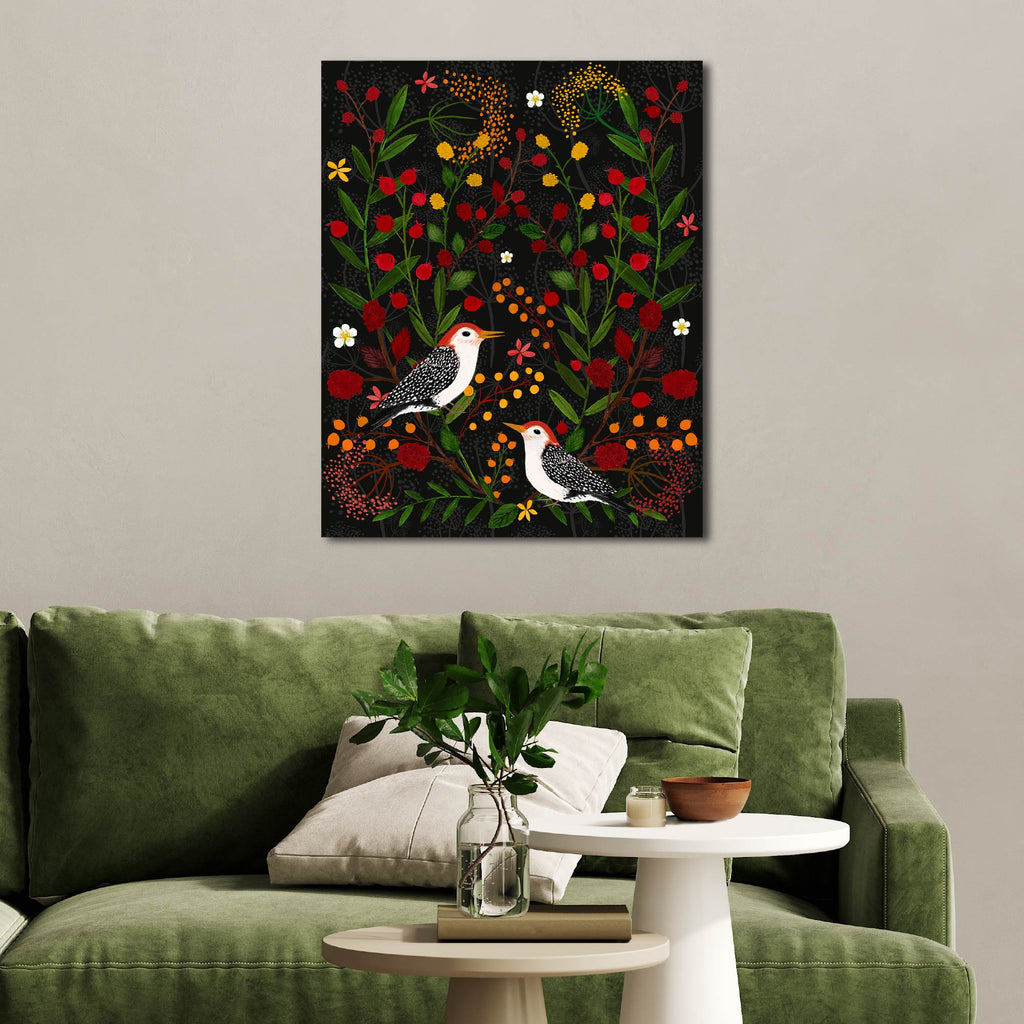 Berries and Branches Woodpeckers - Gallery Wrapped Canvas - Michelle Ingari Collection