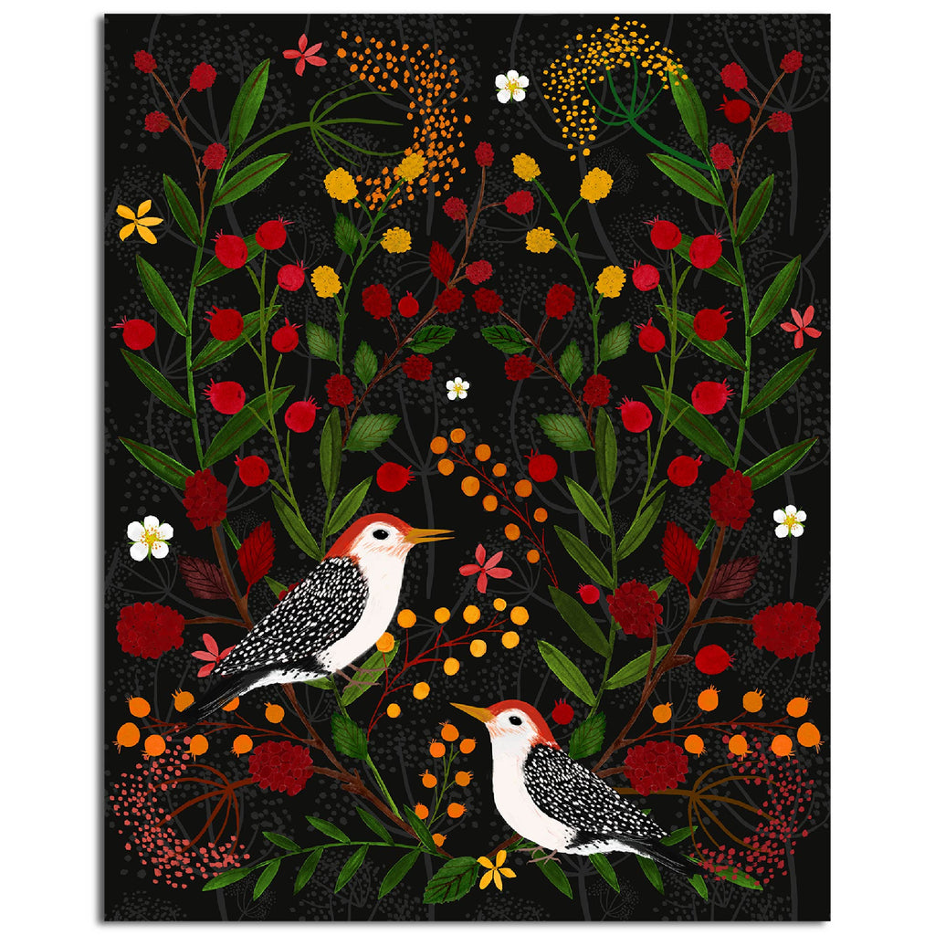 Berries and Branches Woodpeckers - Gallery Wrapped Canvas - Michelle Ingari Collection