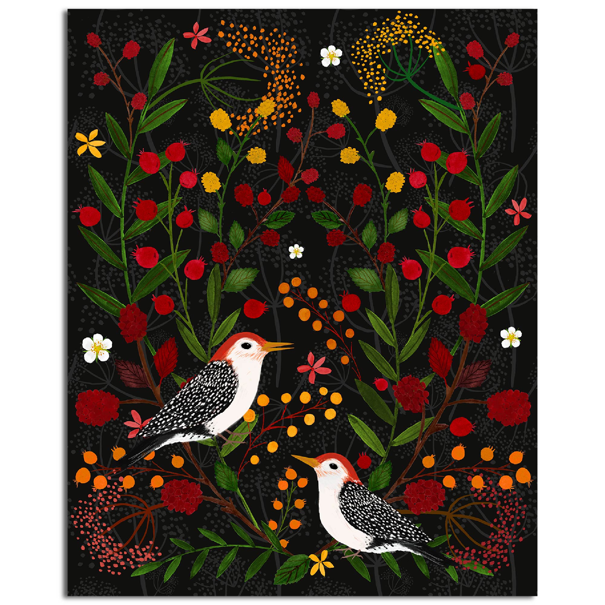 Berries and Branches Woodpeckers - Gallery Wrapped Canvas - Michelle Ingari Collection
